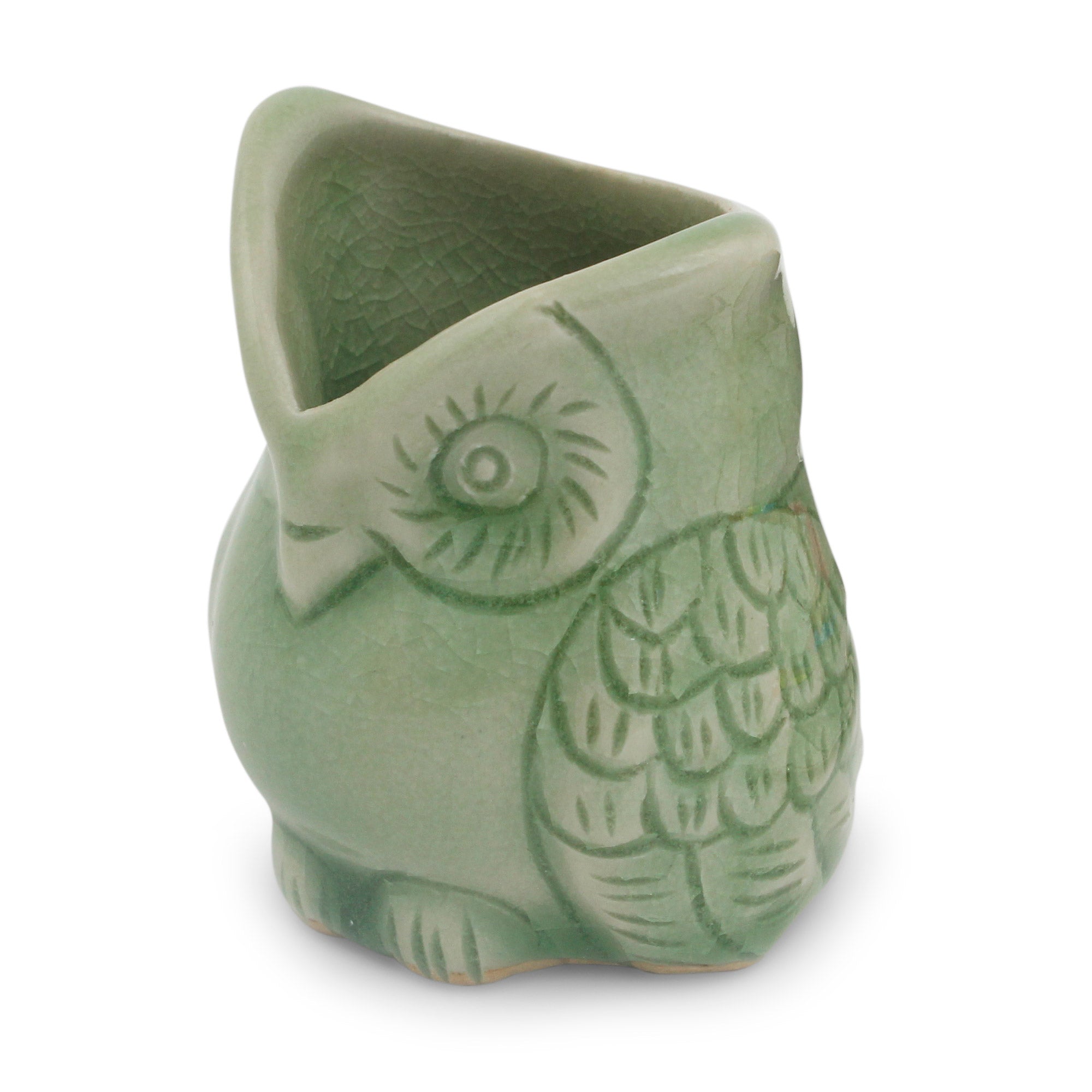 Premium Handcrafted Green Thai Celadon Owl Pot - Bird-Themed Elegance