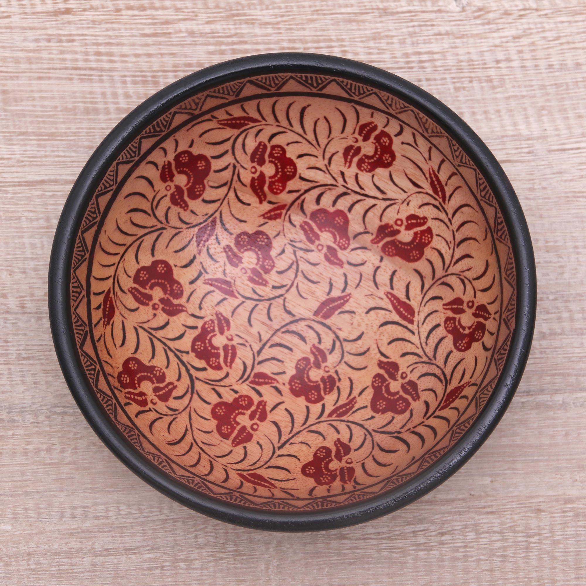 Premium Lok Chan Floral Batik Wood Bowl - Handcrafted Decorative Art from Bali