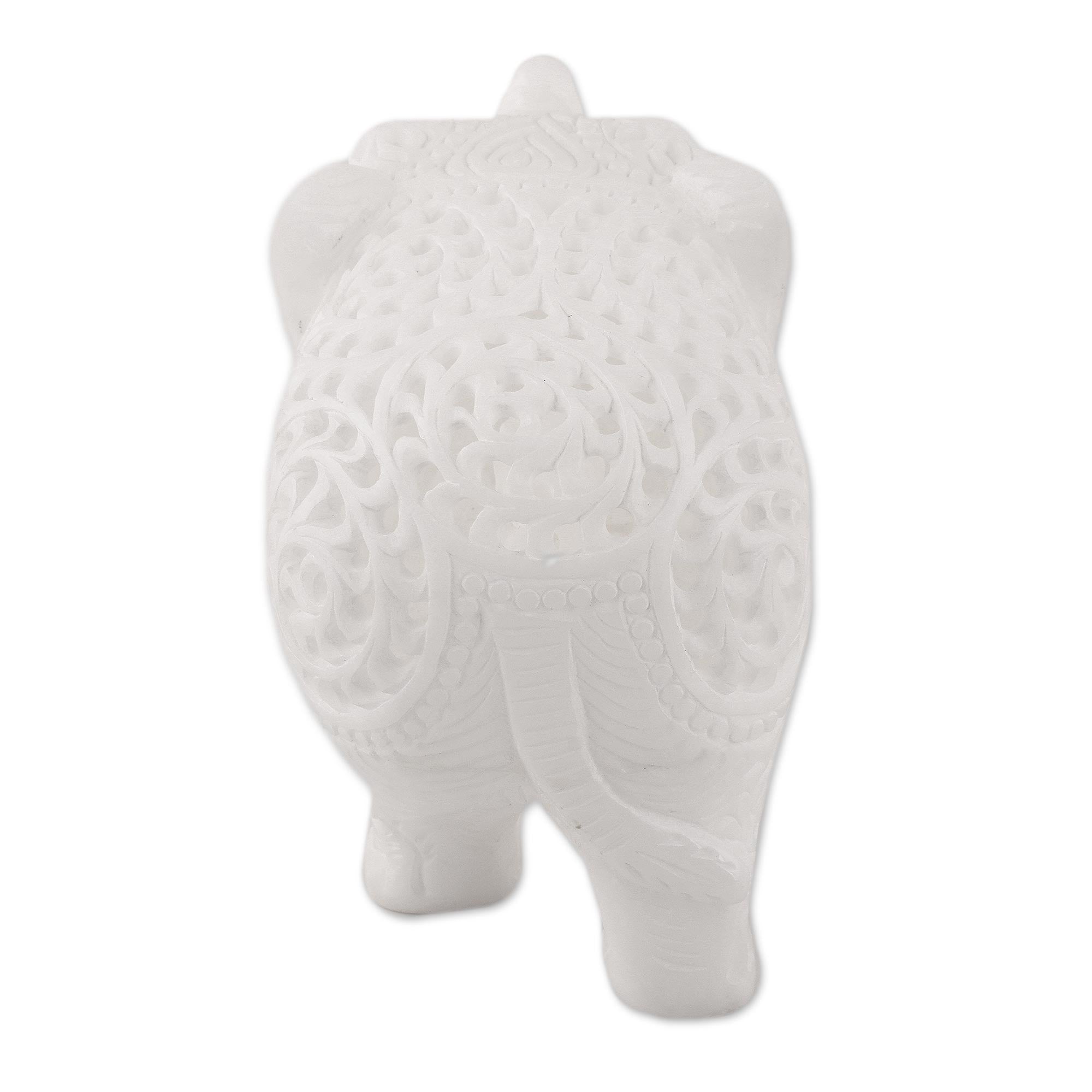 Premium Hand-Carved Alabaster Elephant Sculpture with Intricate Jali Design
