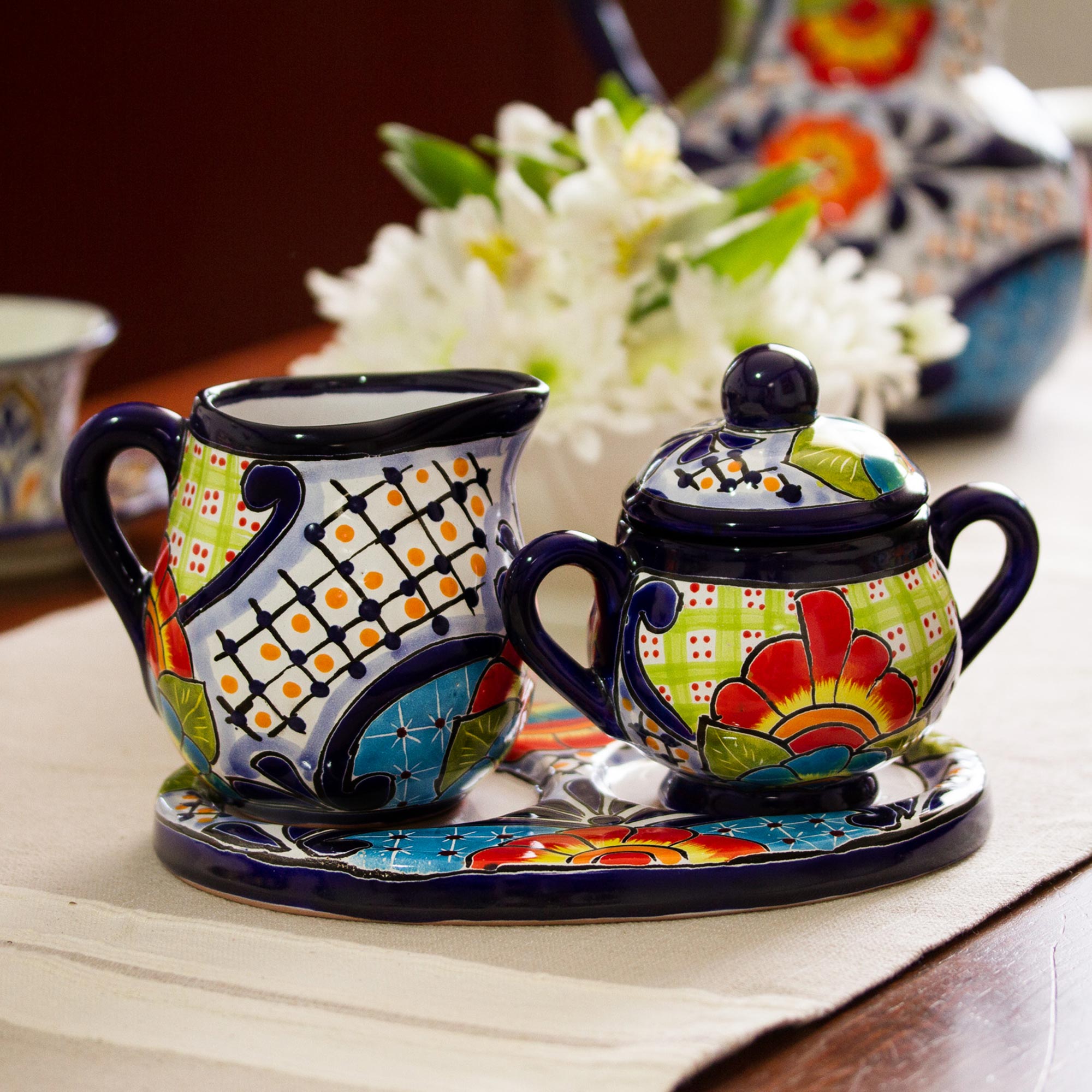 Premium Raining Flowers Talavera Ceramic Set – Handcrafted Creamer & Sugar Bowl with Tray
