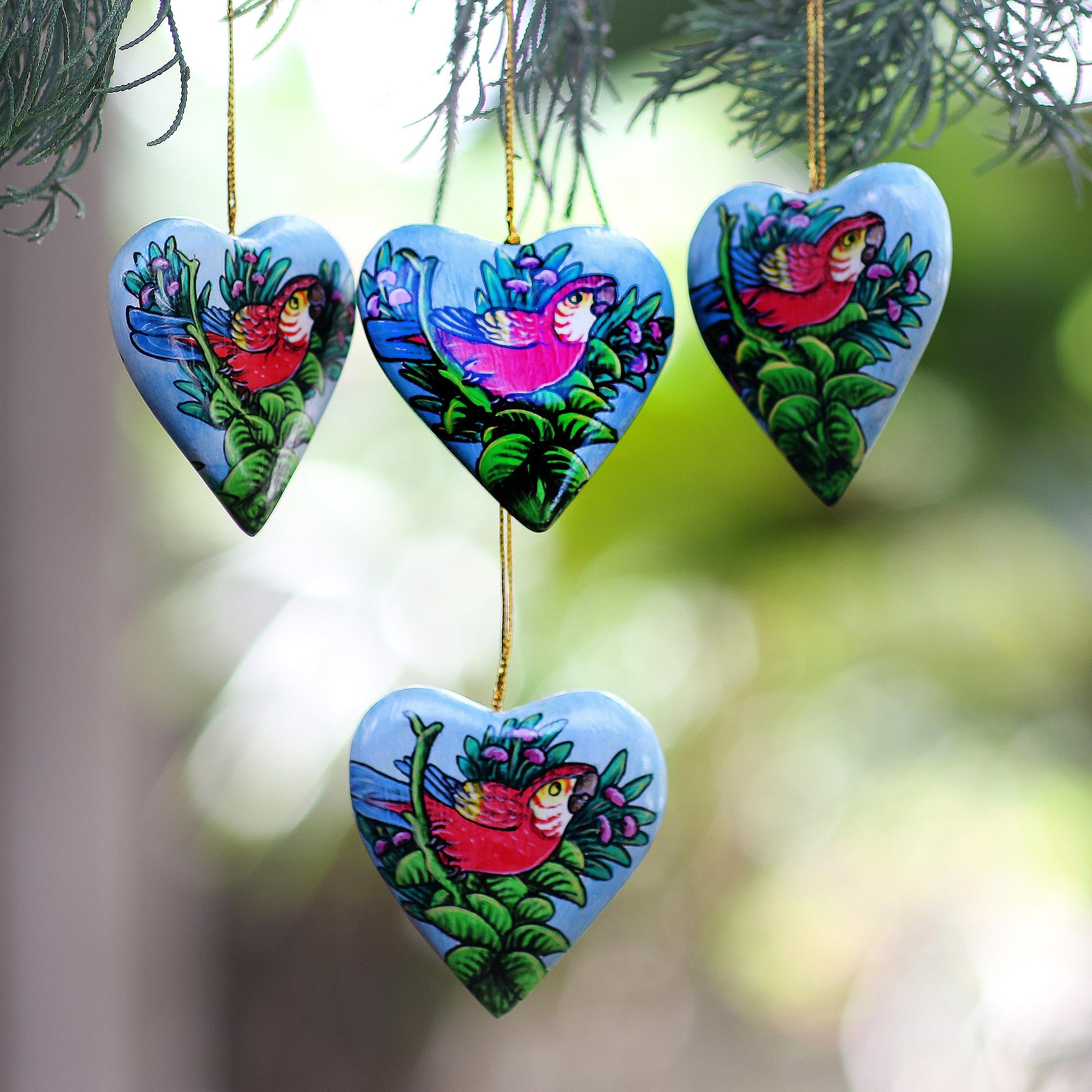 Premium Hand-Painted Scarlet Macaw Heart Ornaments - Set of 4