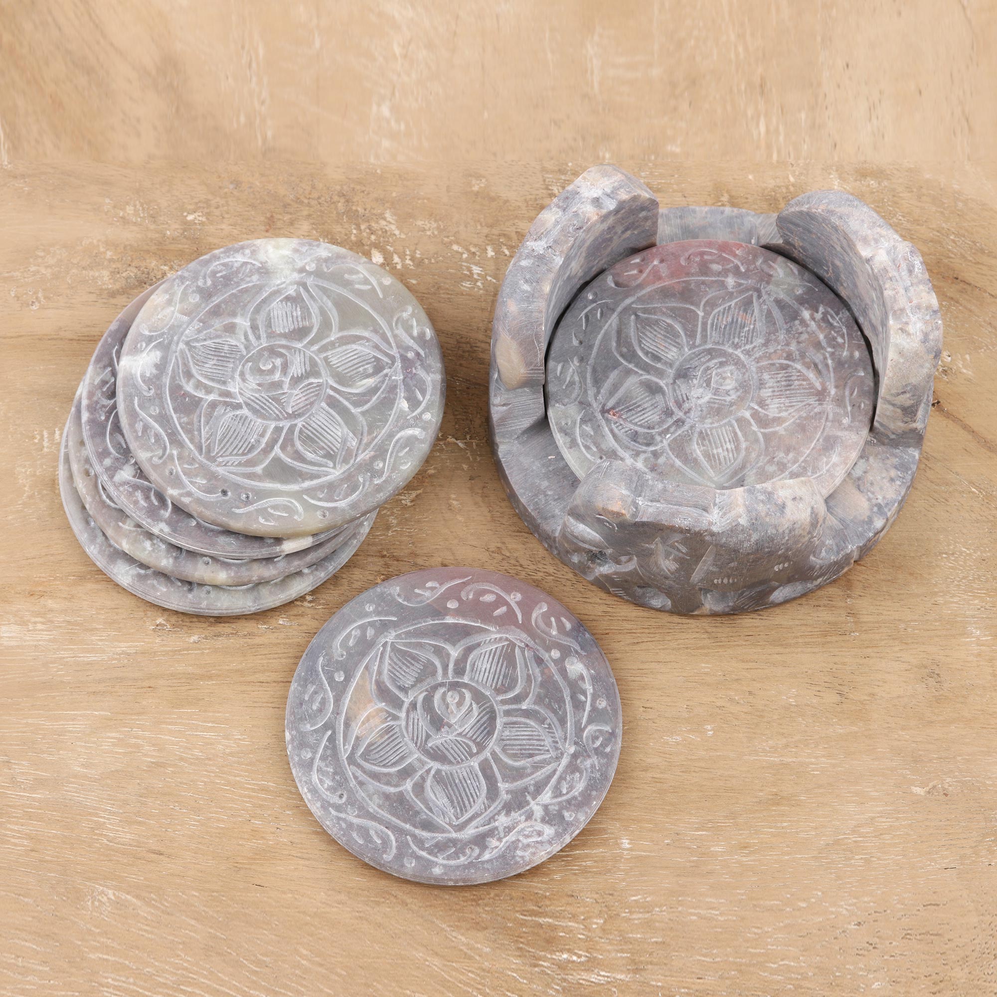 Premium Elephant Rose Fair Trade Marble Coaster Set - Ultimate Barware Collection (Set of 6)