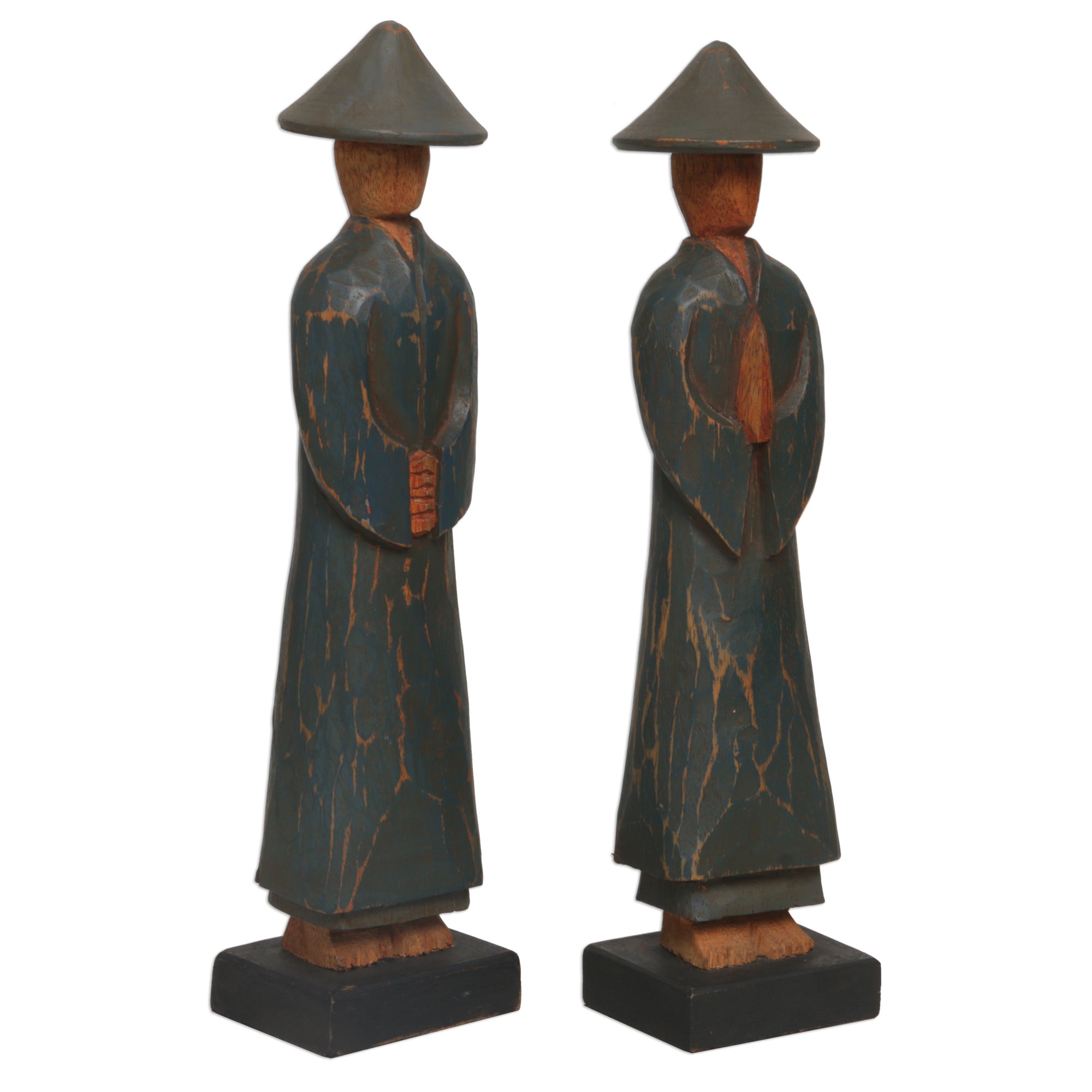 Premium Hand-Carved Dark Green Robed Farmer Statuettes - Peaceful Agrarian Duo