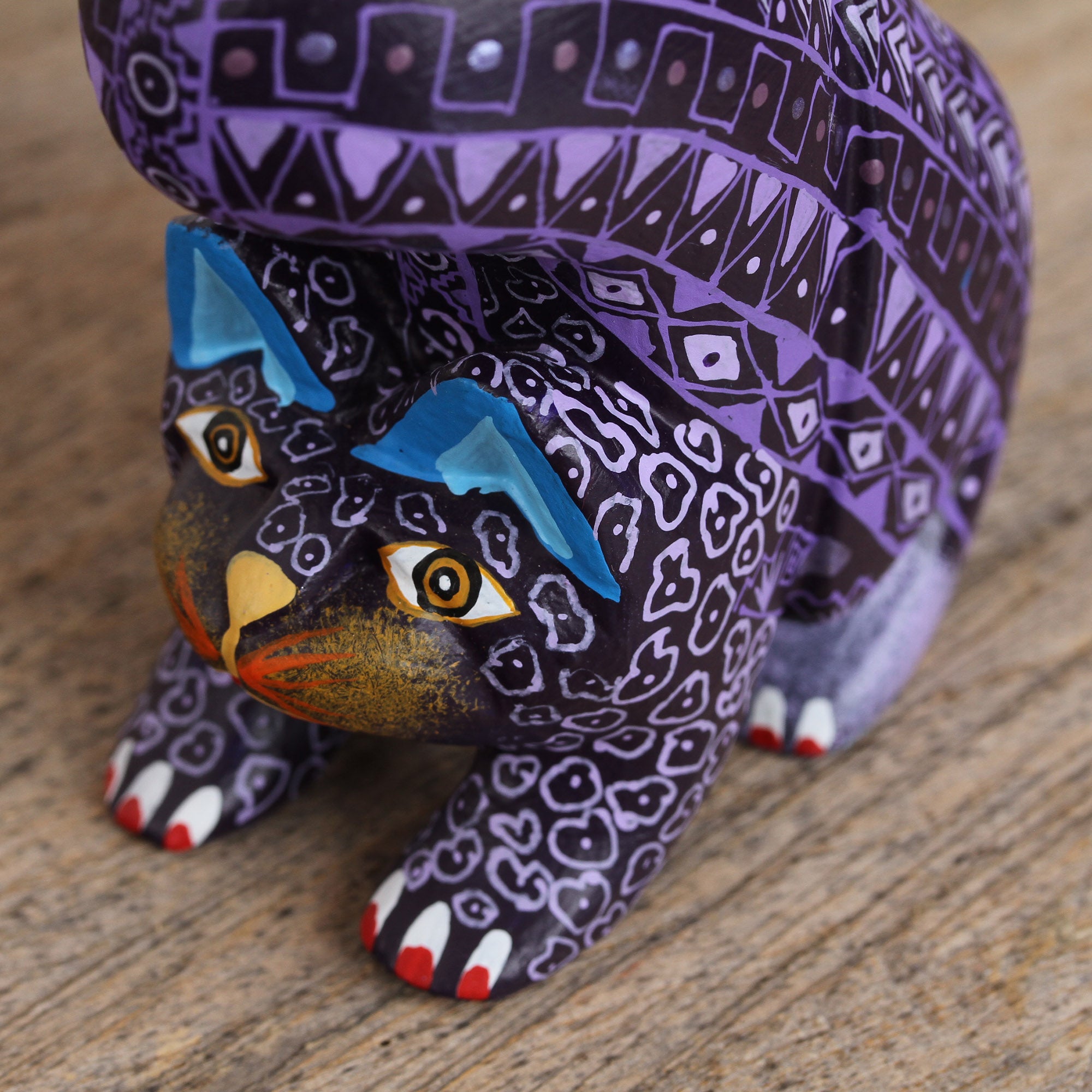 Premium Hand-Painted Purple Alebrije Cat Figurine - Authentic Mexican Folk Art