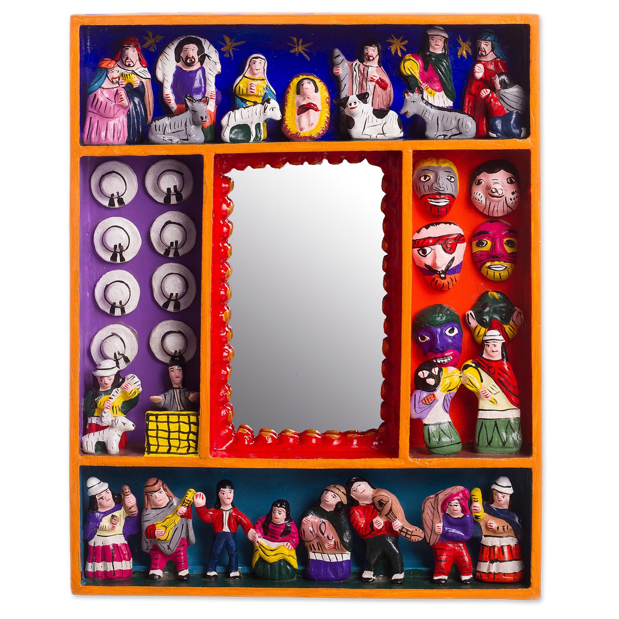 Premium Ayacucho Retablo-Style Nativity Wood Wall Mirror - Handcrafted in Peru