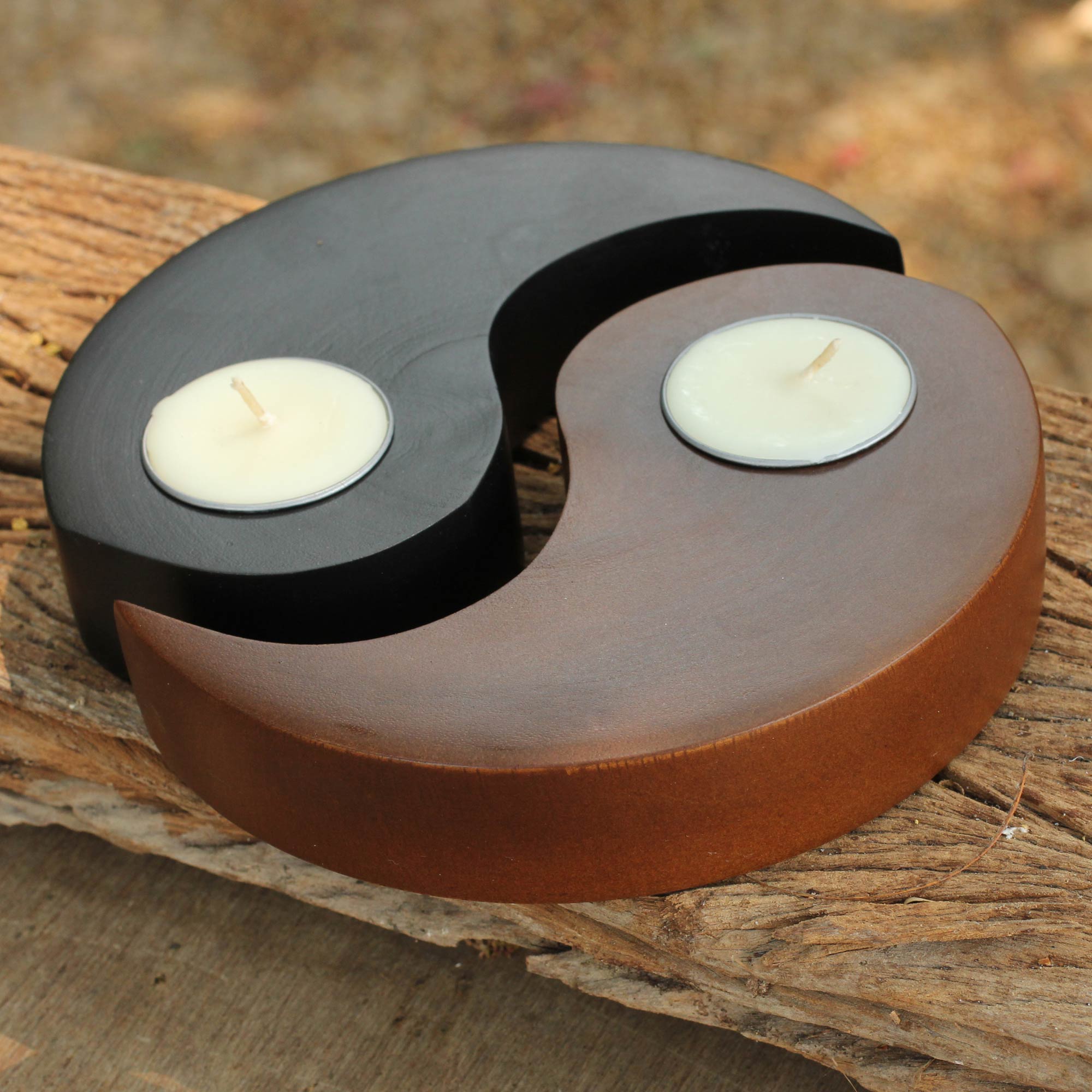 Premium Yin Yang Hand-Carved Wood Tealight Candleholders Set