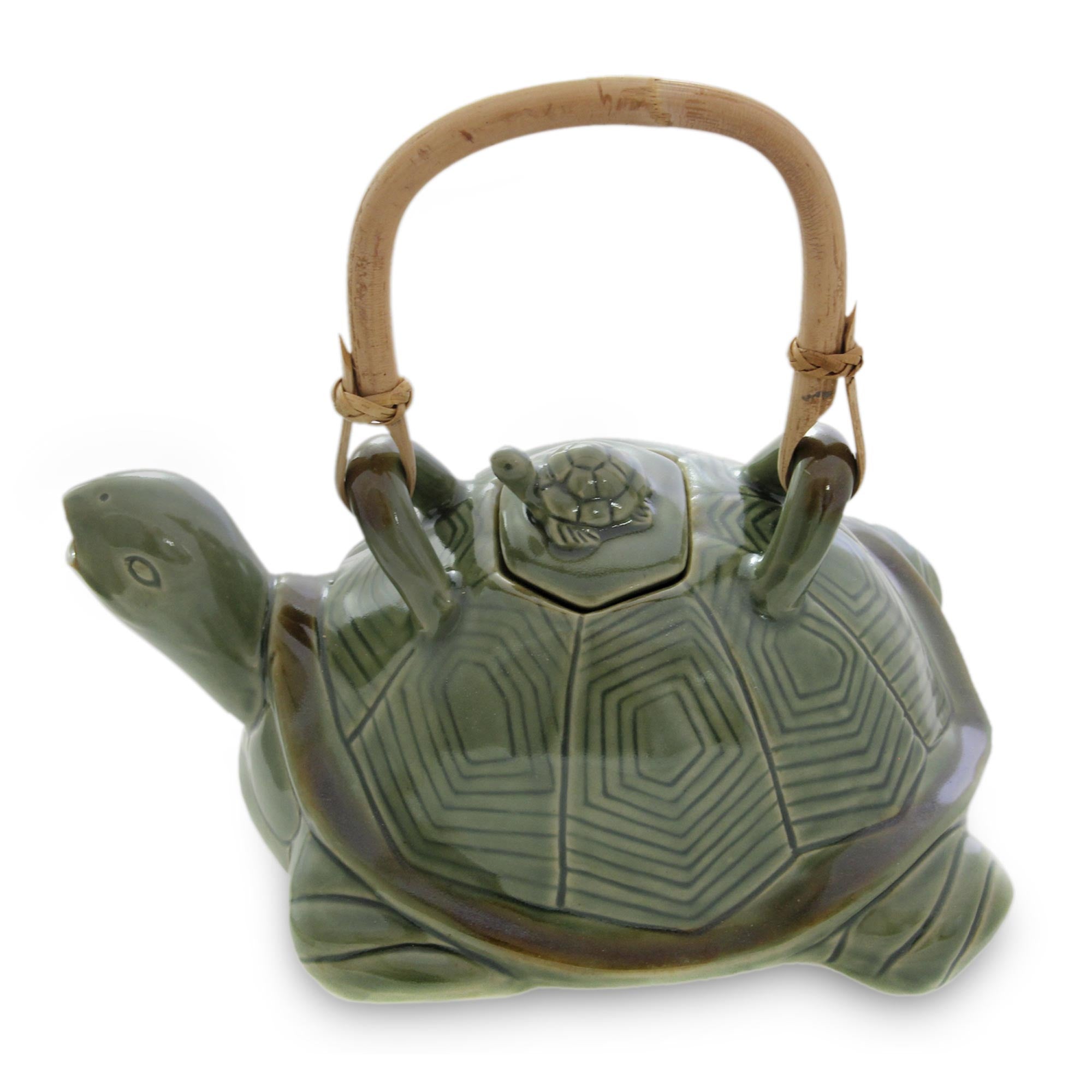 Premium Mother Sea Turtle Green Ceramic Teapot with Rattan Handle - Upgrade Your Tea Ritual