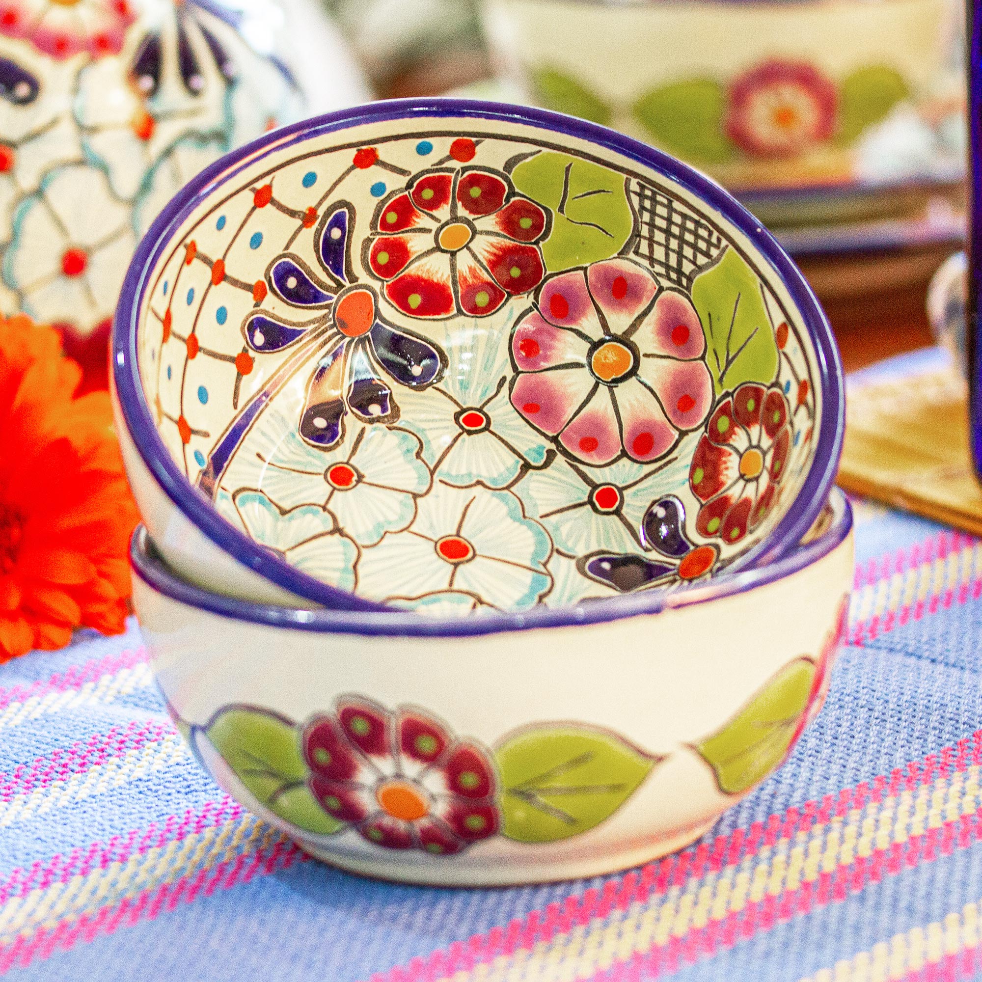 Premium Hand-Painted Floral Bowls - Mexican Artisan Pair