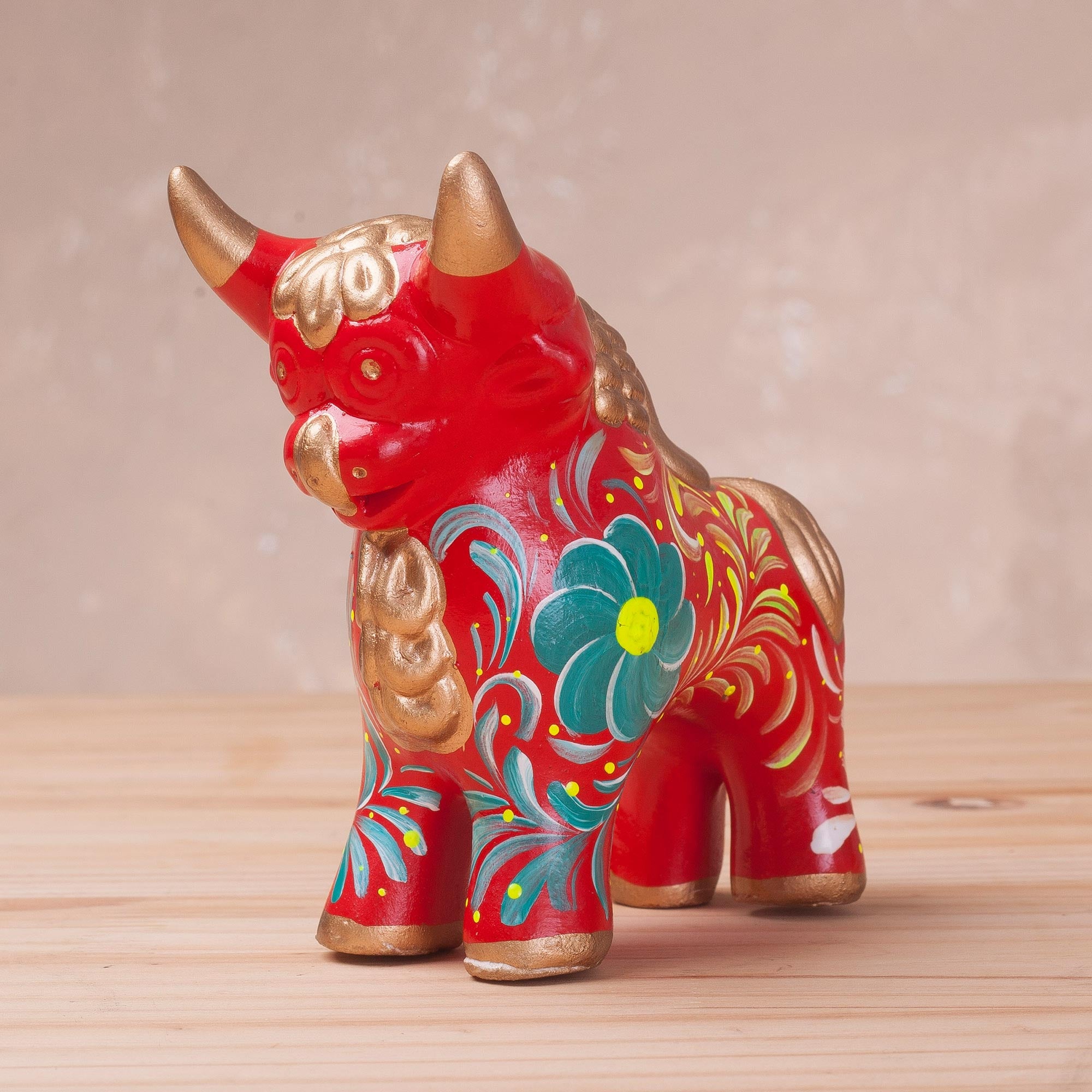 Premium Pucara Bull Sculpture - Handcrafted Red Ceramic with Floral Designs from Peru