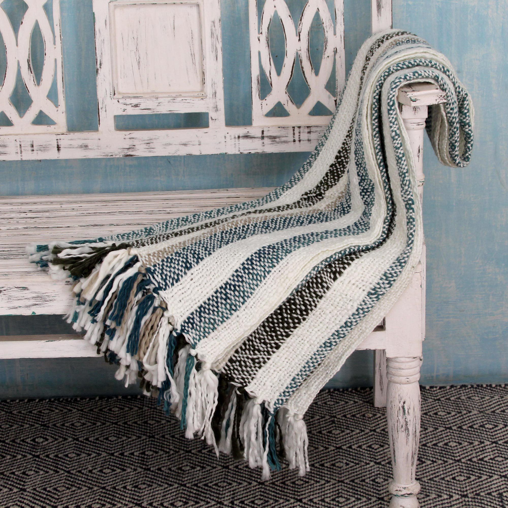 Premium Handcrafted Teal & Beige Tassel Throw Blanket