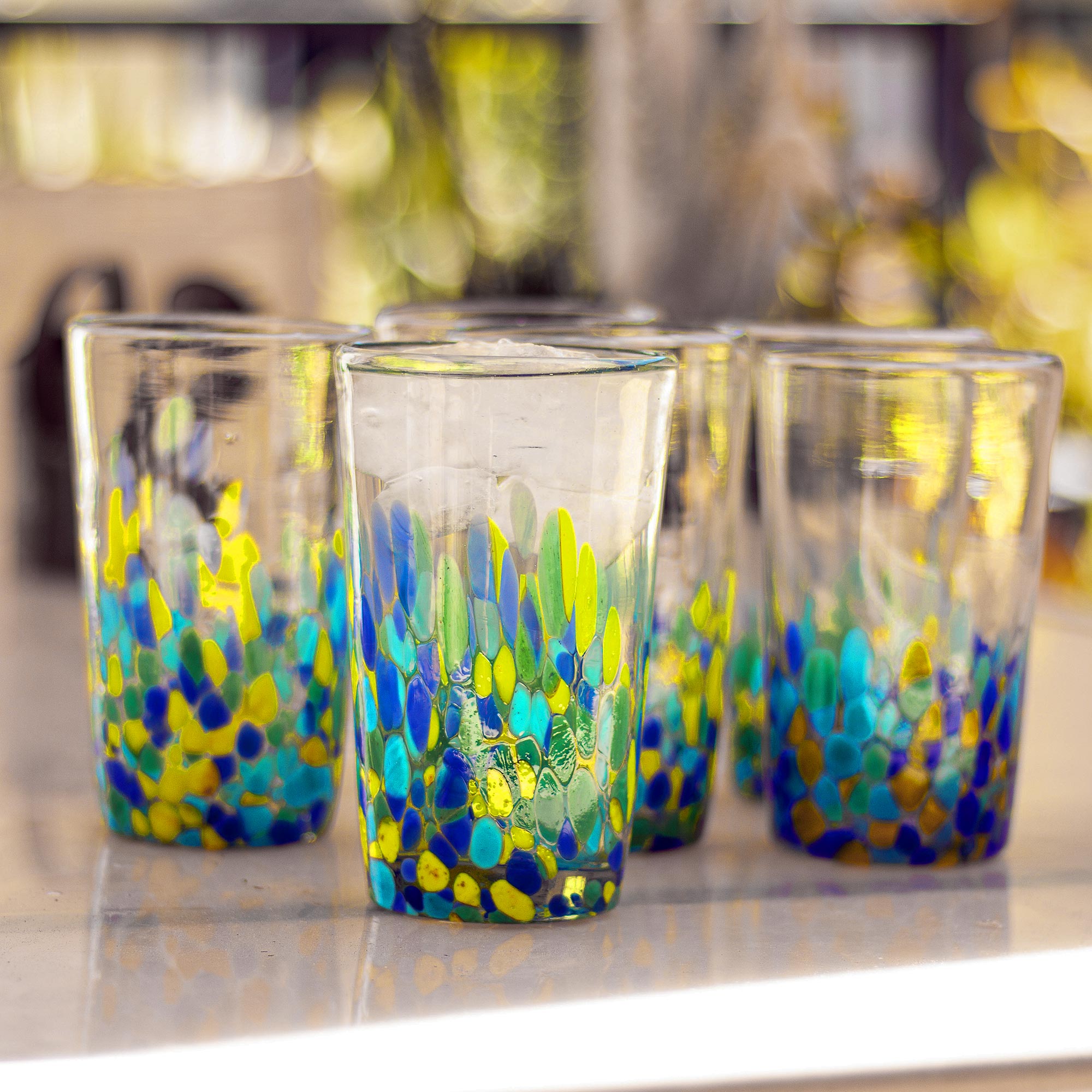 Premium Tropical Confetti Recycled Glass Tumblers - Eco-Friendly Set of 6 (16 Oz)