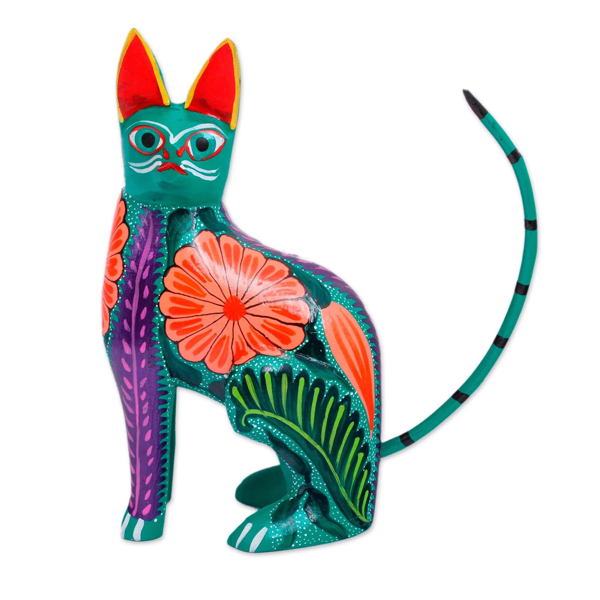 Premium Handcrafted Floral Alebrije Cat Figurine - Authentic Mexican Artisan Craft