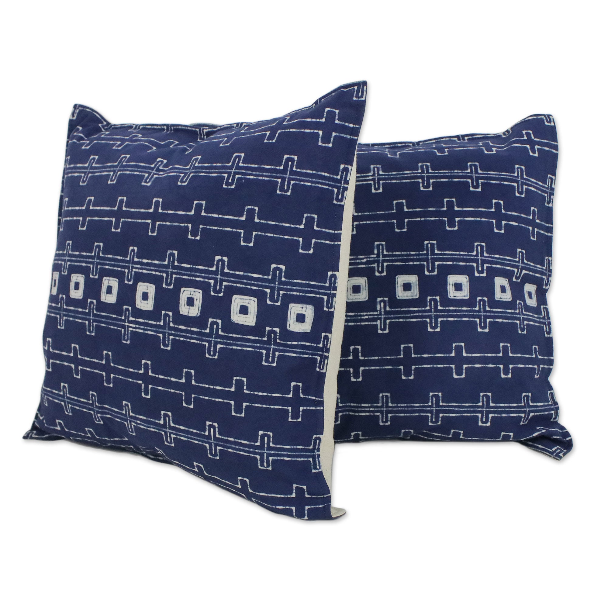 Premium Indigo Chains Batik Cotton Cushion Covers - Handcrafted in Thailand (Pair)