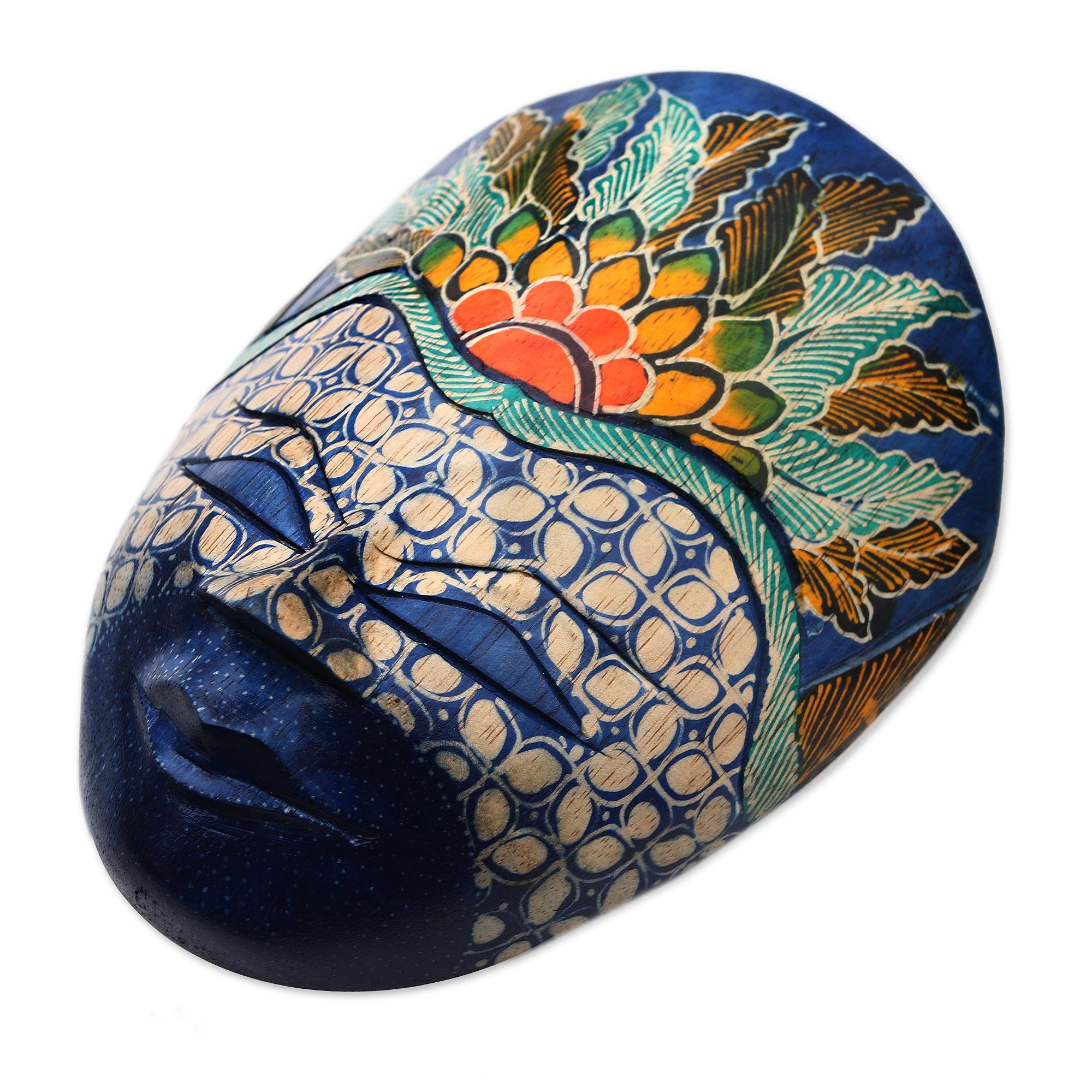 Premium Blue Prince Floral Batik Wood Mask - Handcrafted Java Art