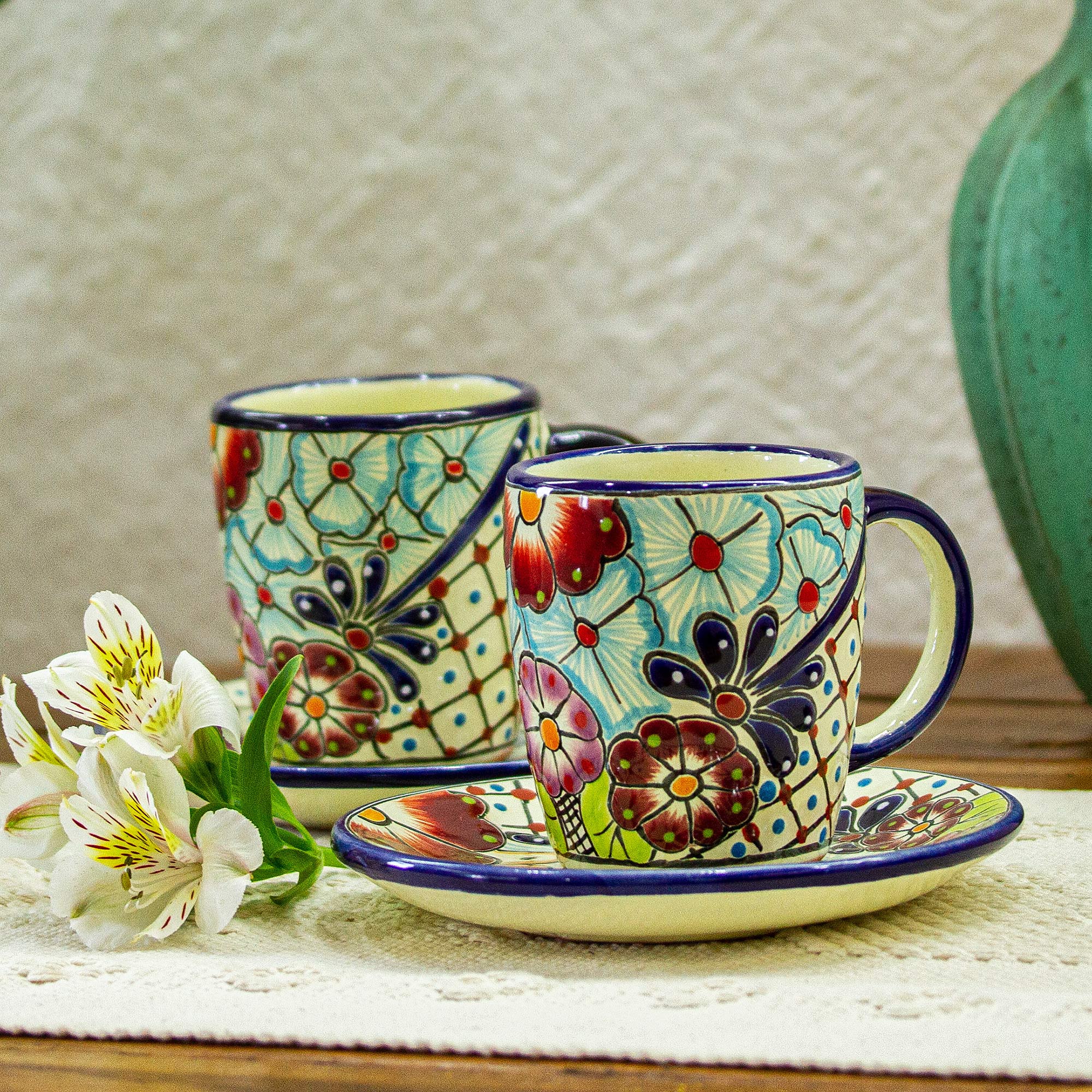 Premium Talavera-Style Cups and Saucers: Handcrafted Mexican Artistry (Pair)