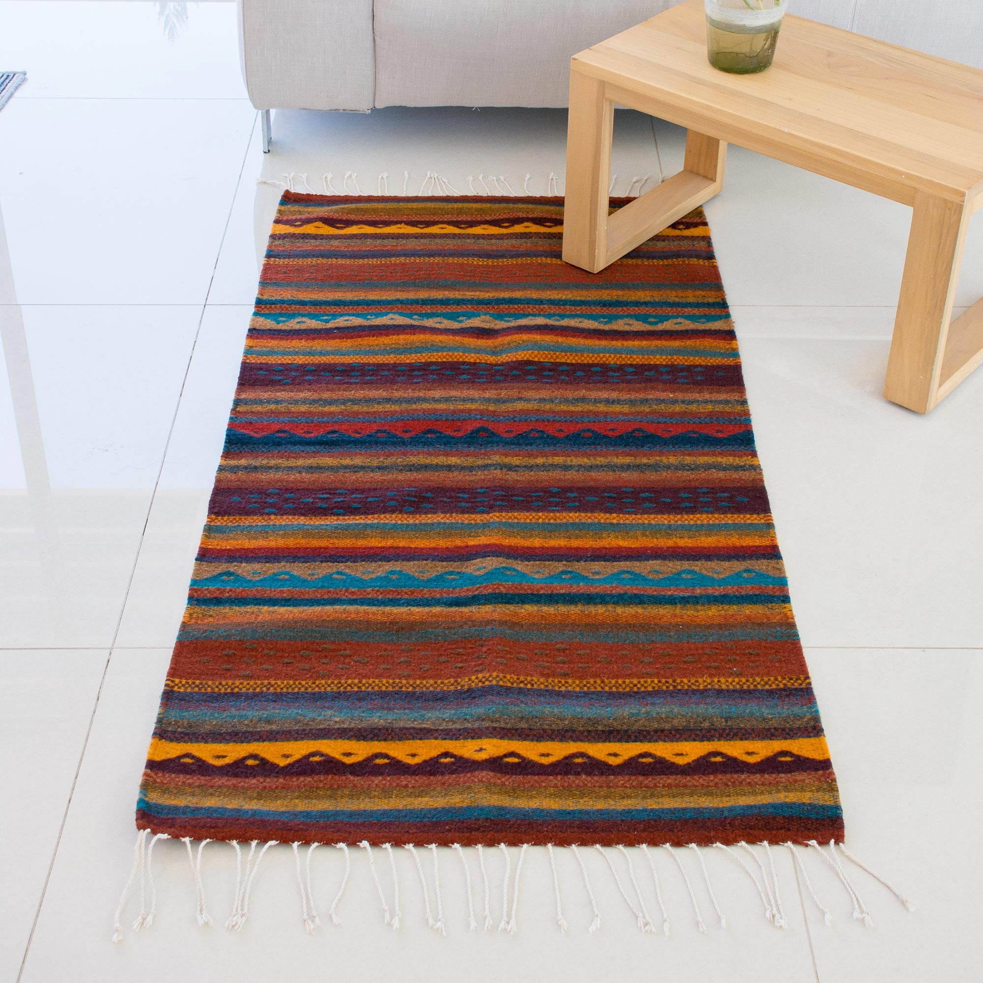 Premium Handwoven Zapotec Wool Rug - Striped Mexican Artisan Design