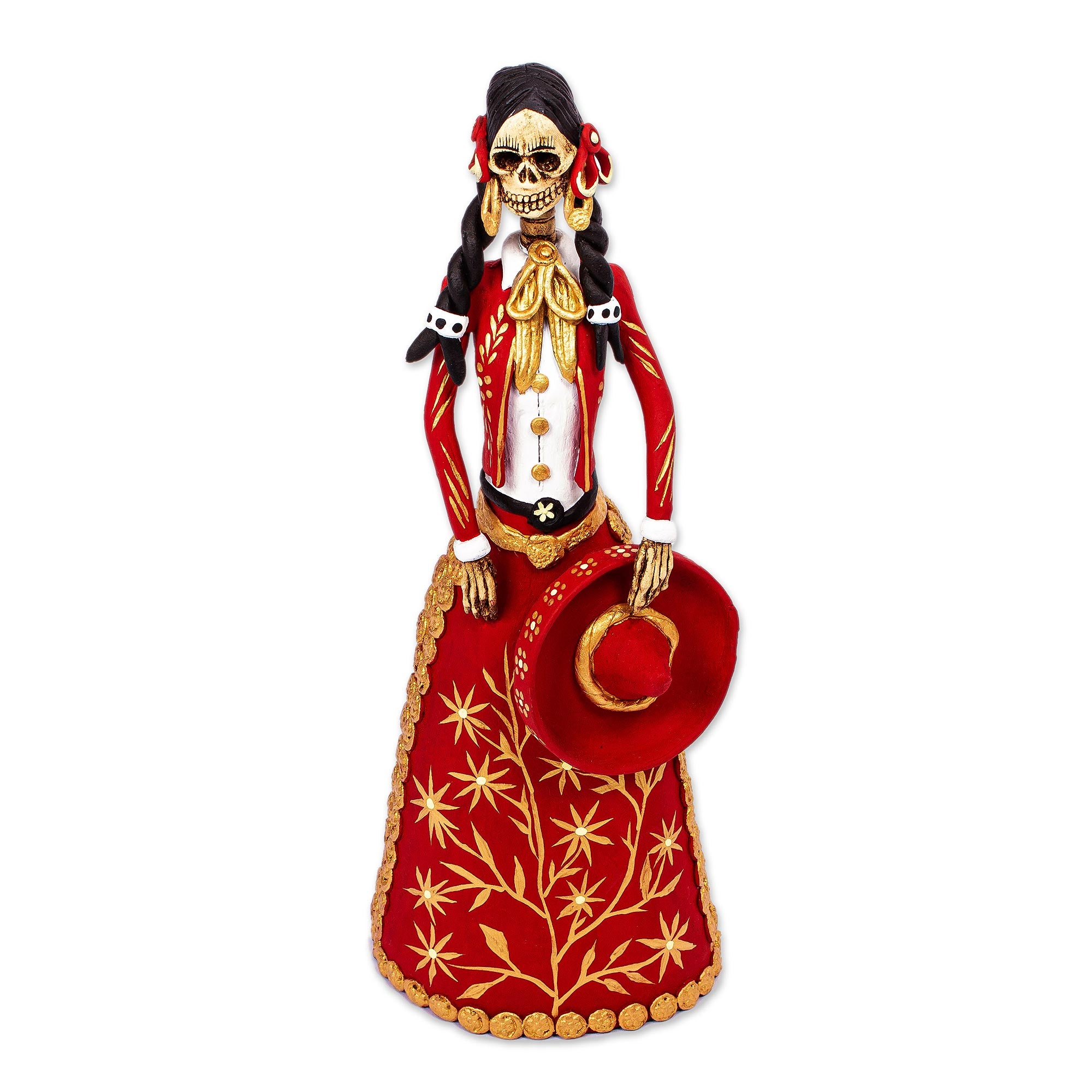 Premium La Catrina Charra Sculpture - Handcrafted Red & Gold Mexican Art
