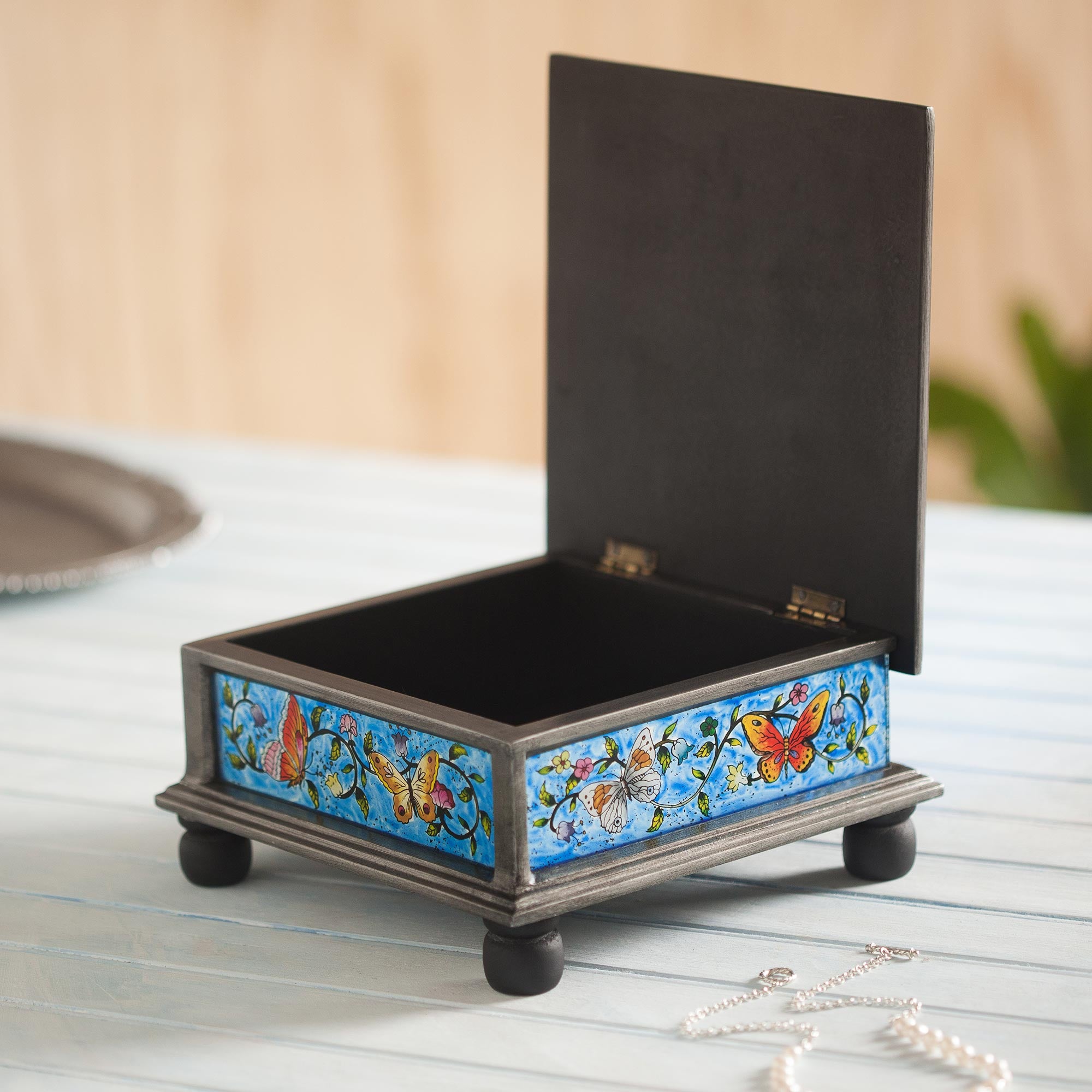 Premium Blue Winter Butterflies Reverse Painted Glass Decorative Box