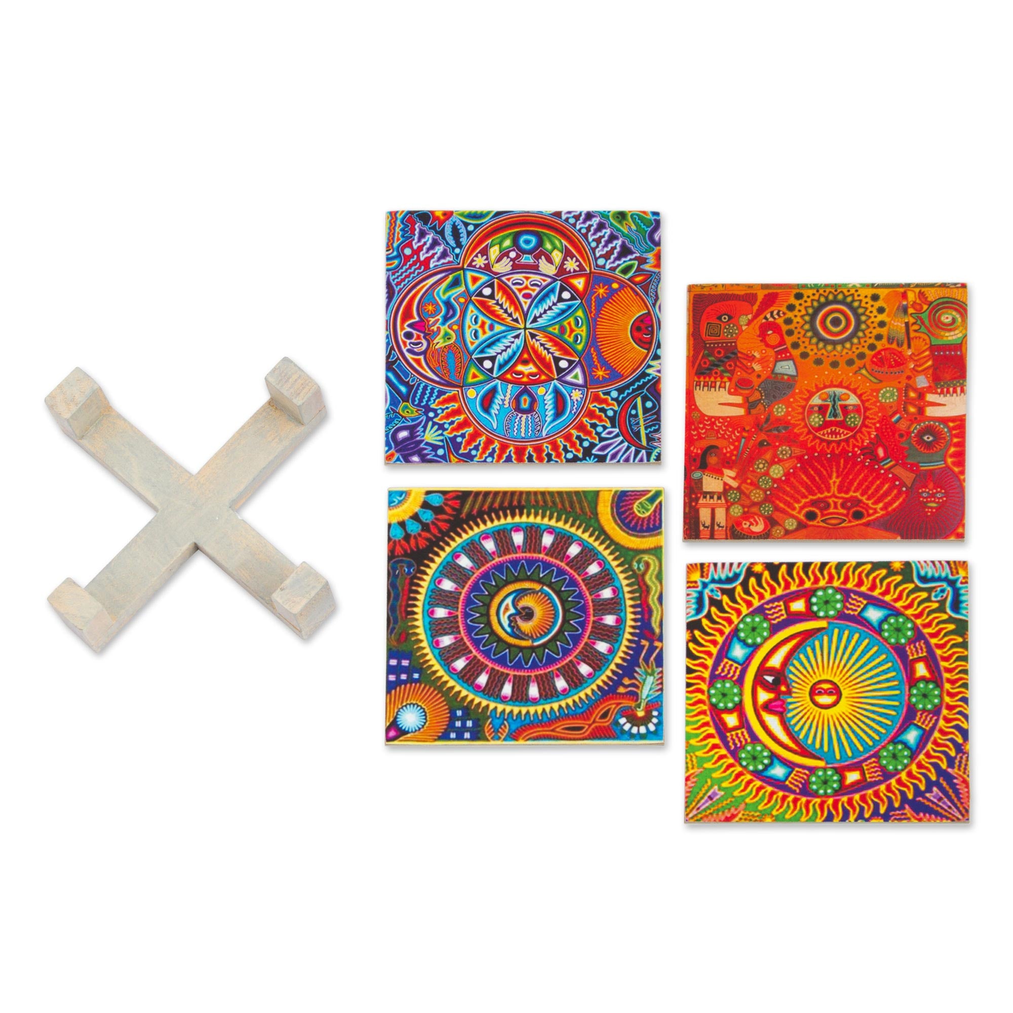 Premium Huichol Sun & Moon Coaster Set – Handcrafted Mexican Pinewood Decor