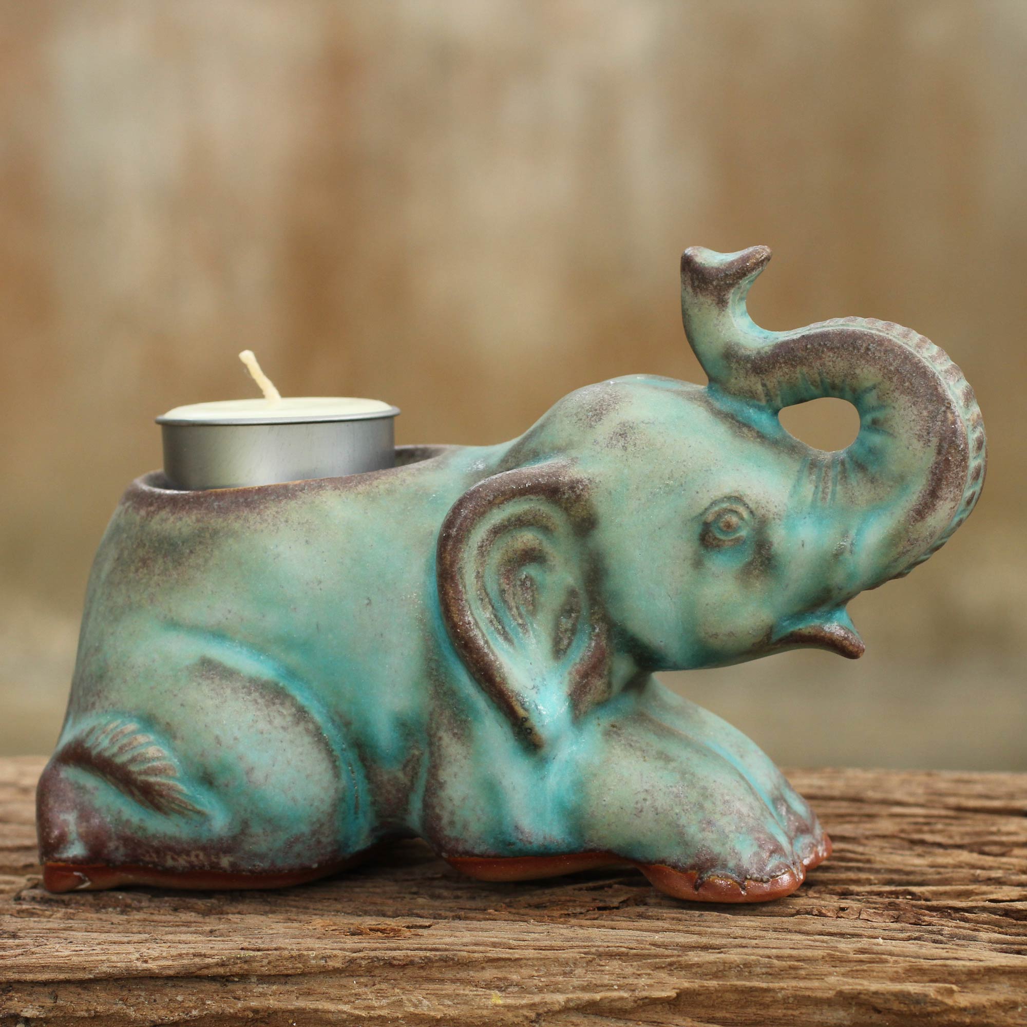 Premium Turquoise Elephant Ceramic Tea Light Holder – Handcrafted in Thailand