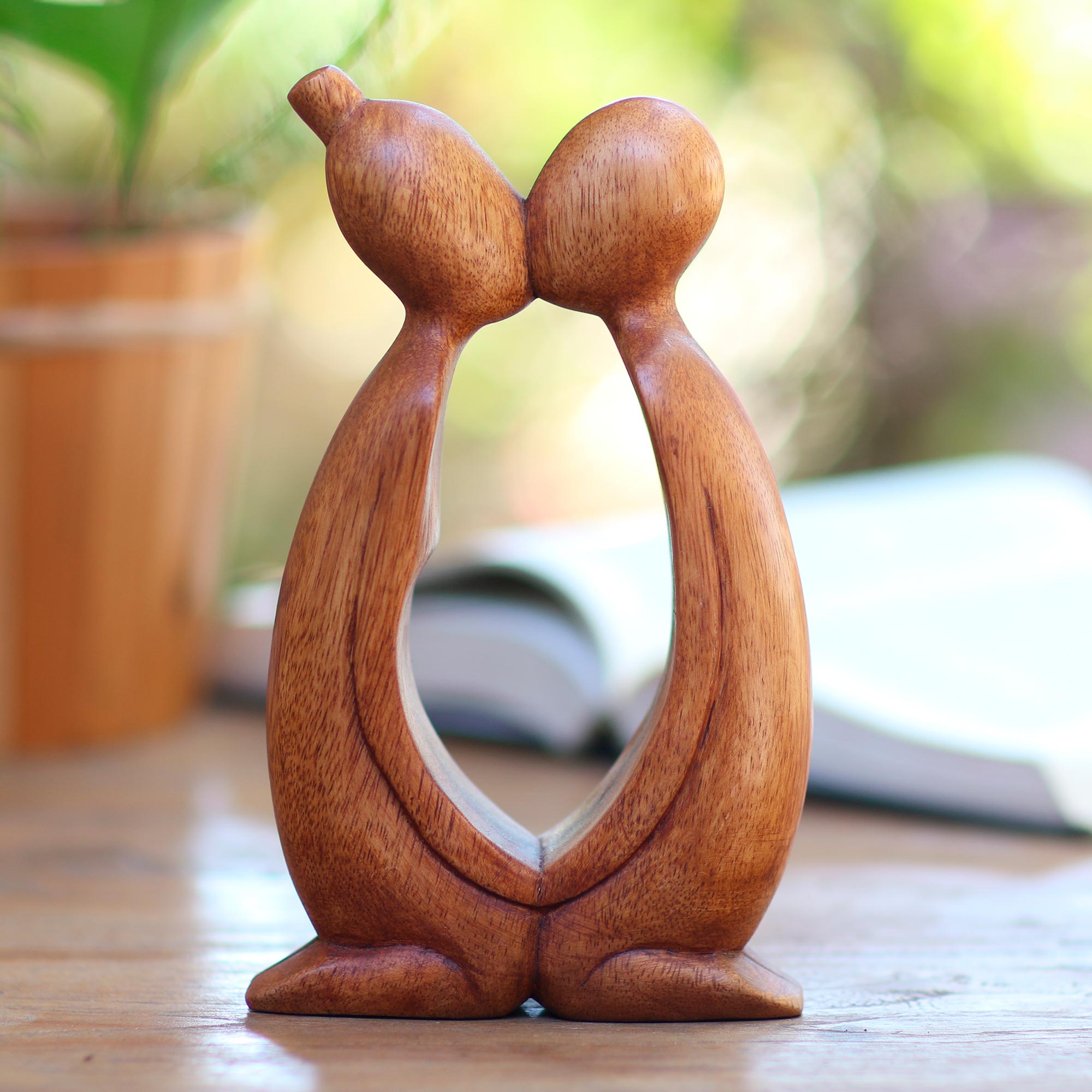 Premium Hand-Carved Romantic Suar Wood Statue - 'Kissing You' from Bali
