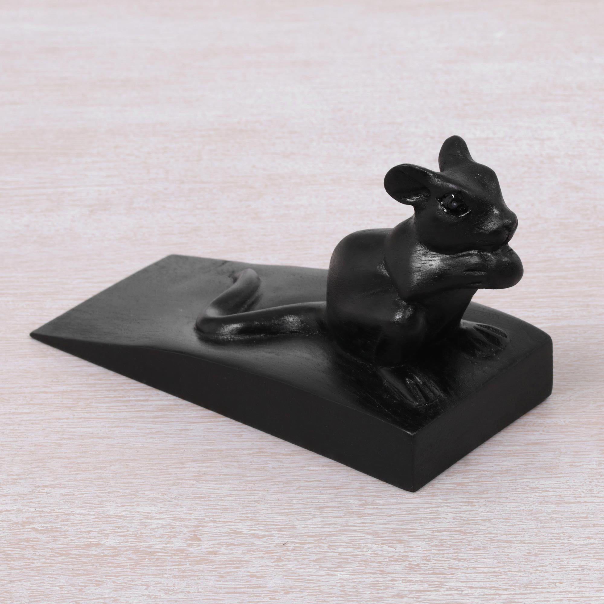 Premium Hand-Carved Black Suar Wood Mouse Door Stopper - Balinese Artisan Craft