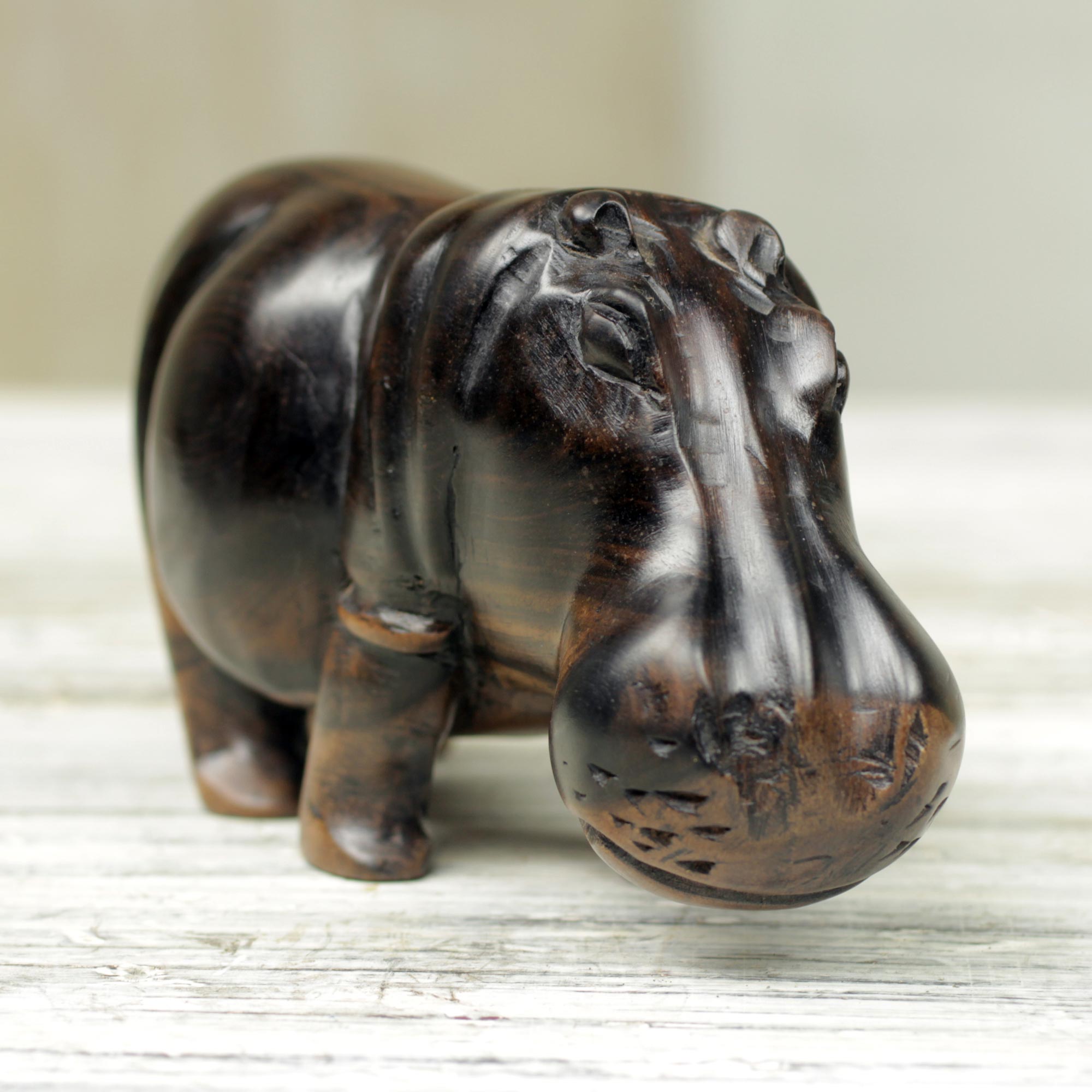 Premium Hand-Carved Teak Wood Hippo Sculpture from Ghana – Majestic Artisan Craft