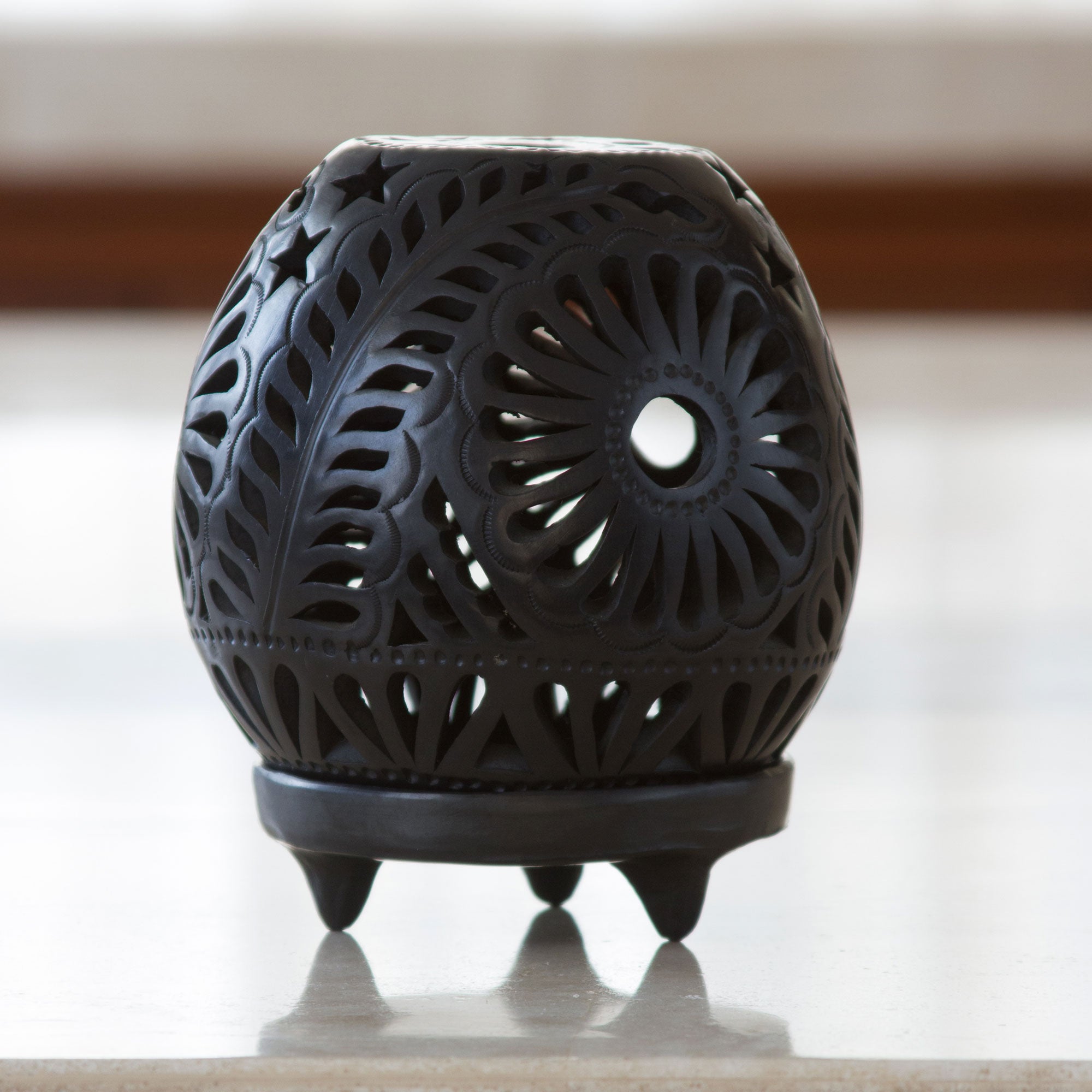 Premium Handcrafted Mexican Black Pottery Candleholder – Black Blossoms Design