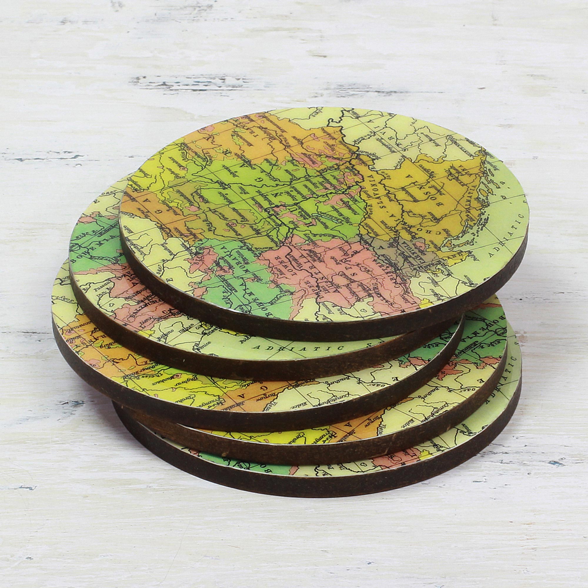 Premium Round Wooden World Map Coasters Set of 5 - Handcrafted in India
