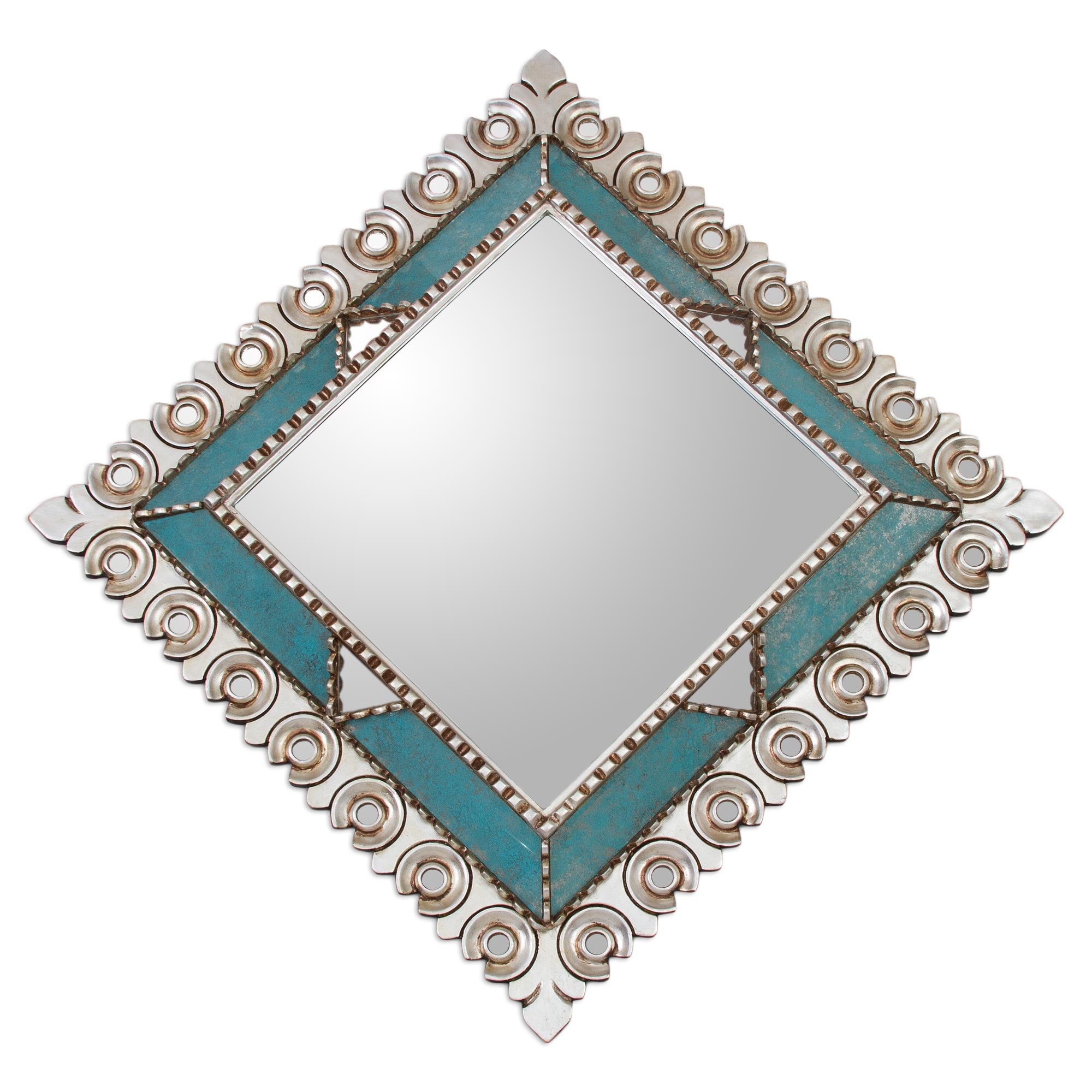 Premium Colonial Trance Square Mirror - Handcrafted Silver Gilded Wood Wall Art from Peru