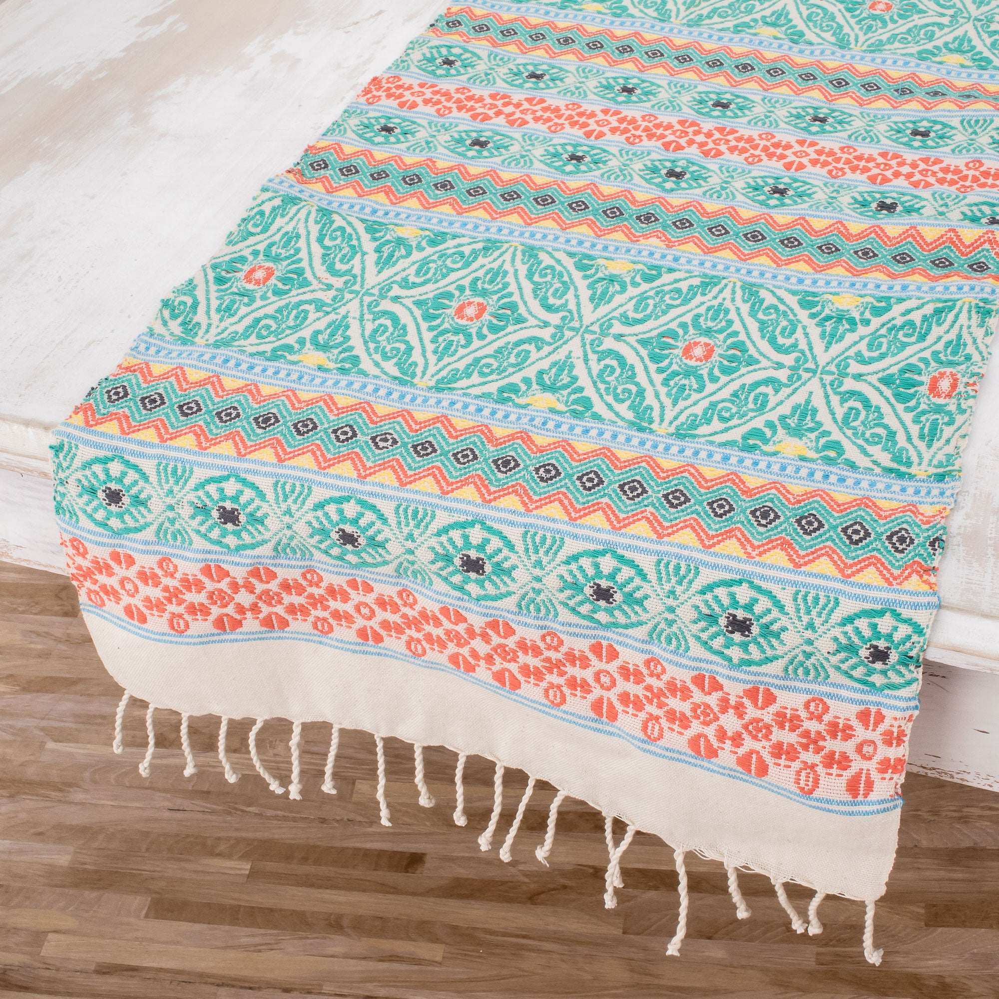 Premium Handwoven Turquoise Cotton Table Runner - Authentic Guatemalan Craftsmanship