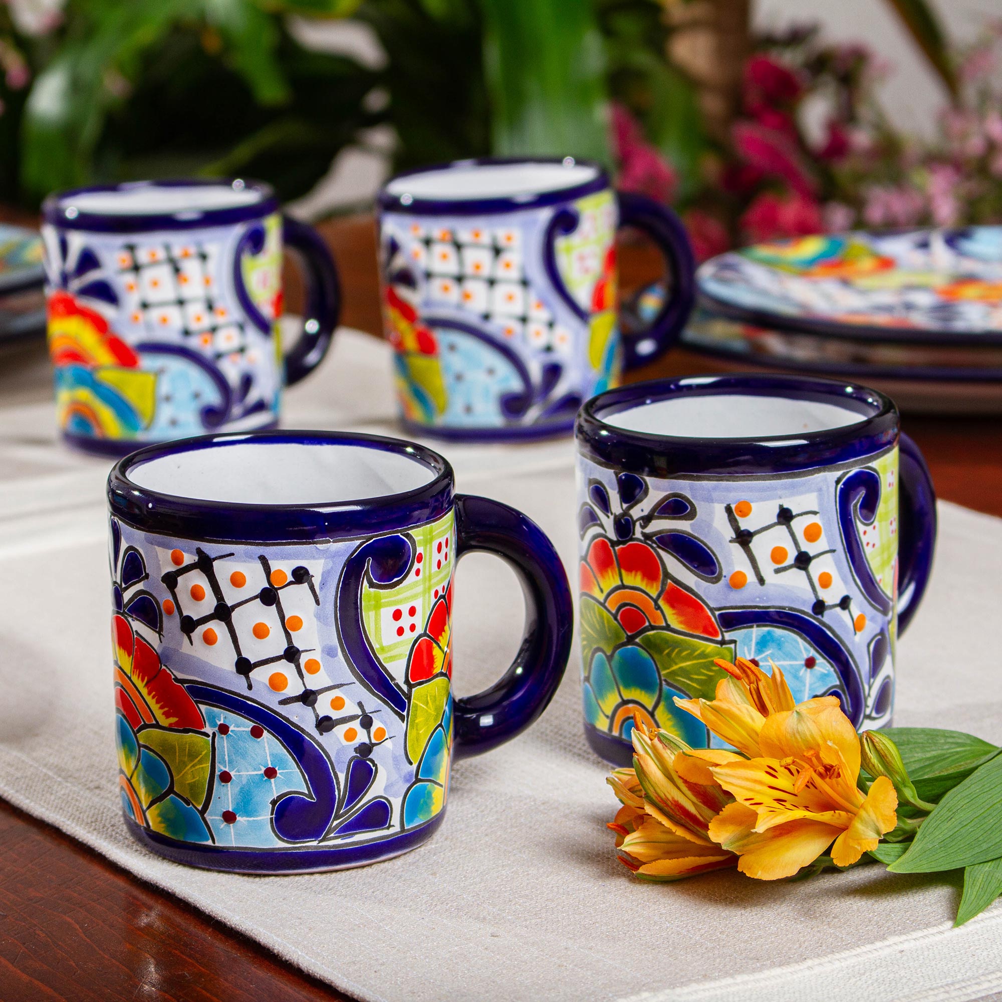 Premium Raining Flowers Collection: Set of 4 Handcrafted Mexican Talavera Floral Ceramic Mugs