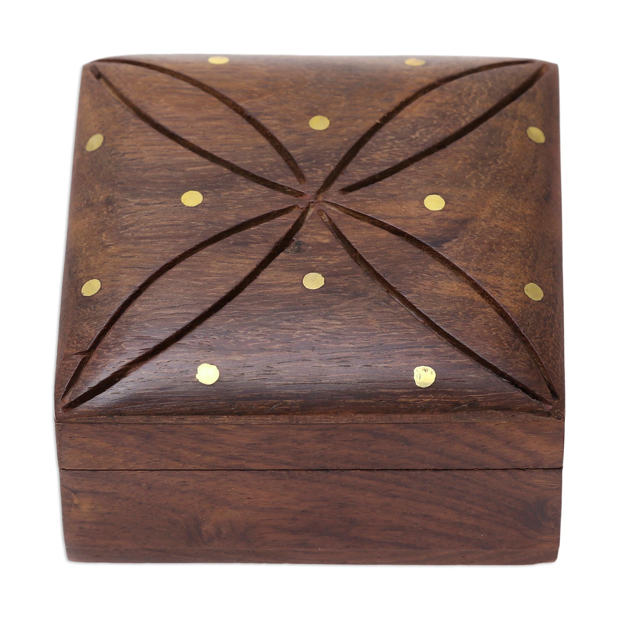 Premium Mango Wood Decorative Box with Brass Dot Inlay - Elegant Hinged-Lid Design