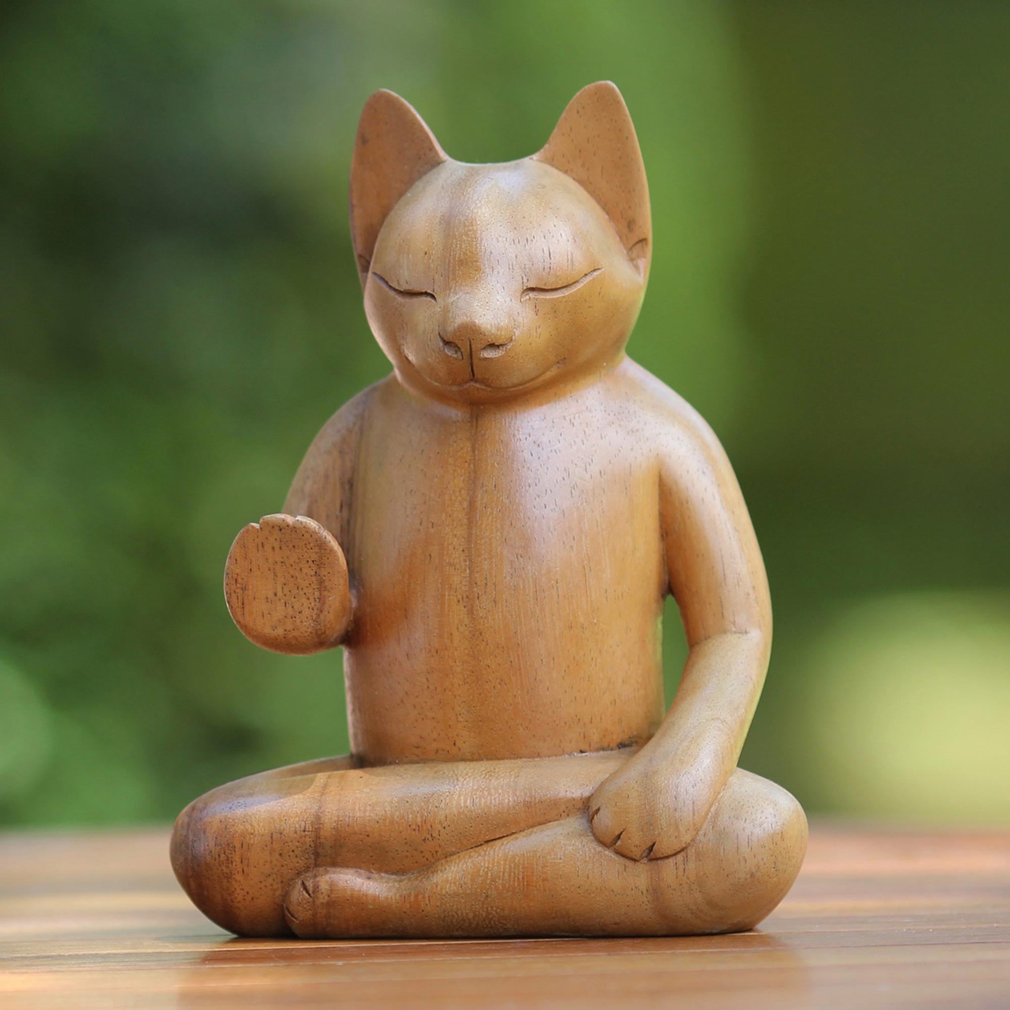 Premium Blessing Cat Wood Sculpture - Handcrafted Meditation Art