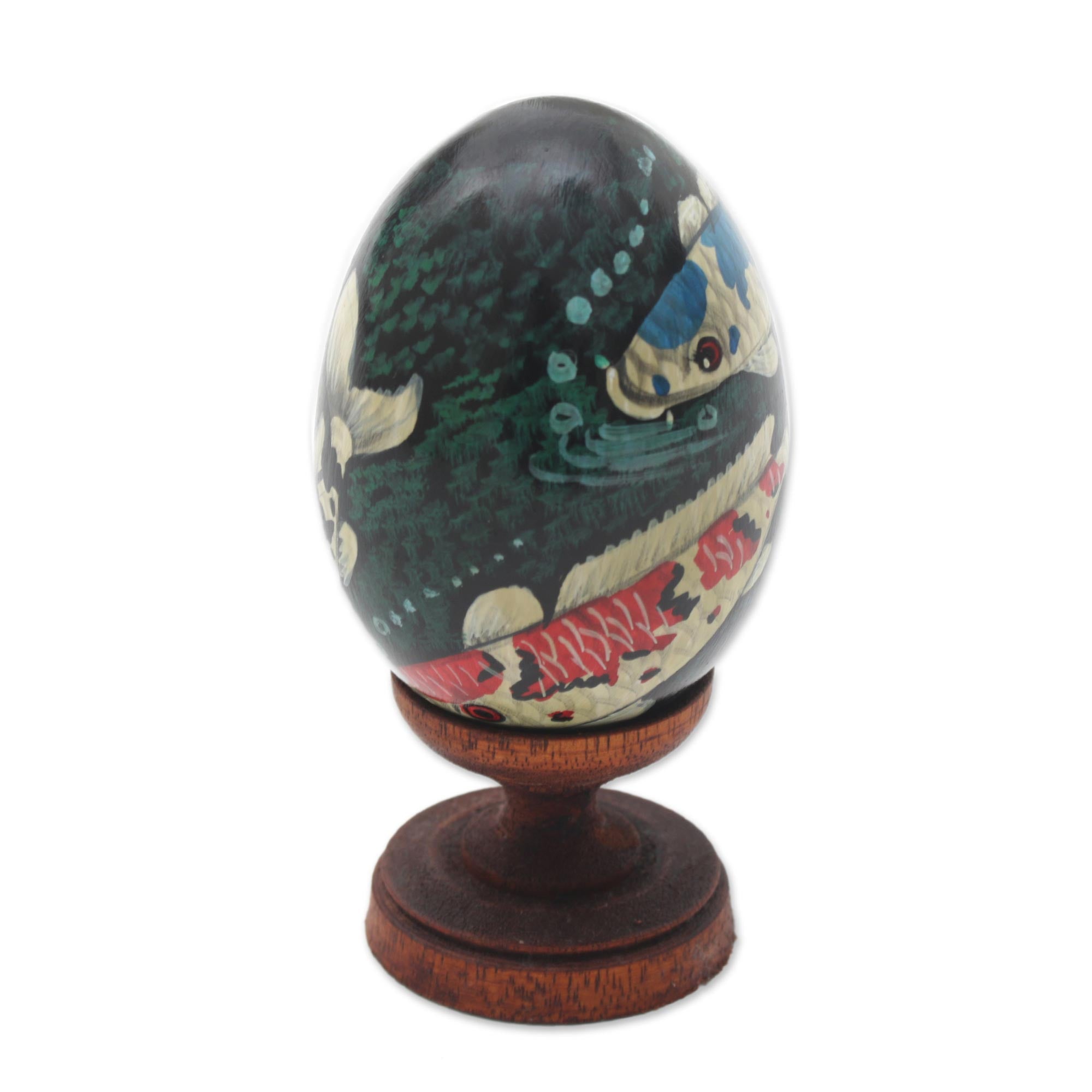 Premium Egg-Shaped Koi Pond Sculpture – Handcrafted Albesia Wood Art from Bali