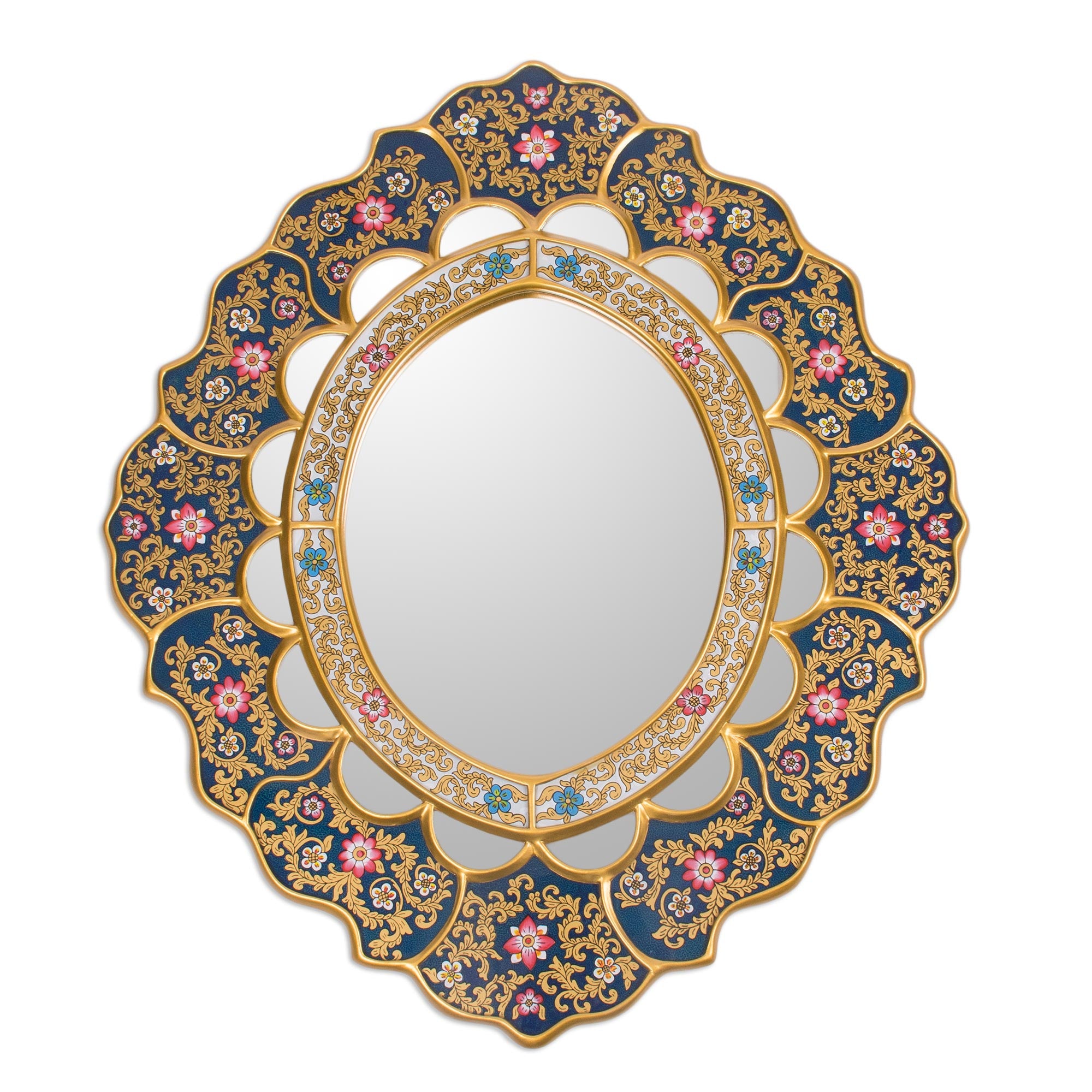 Premium Golden Garden Floral Reverse Painted Art Glass Wall Mirror