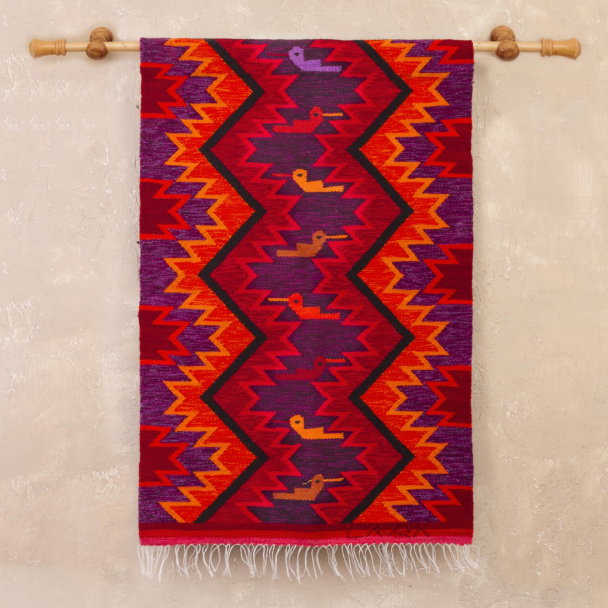 Premium Geometric Hummingbird Wool Tapestry – Handwoven Art from Peru