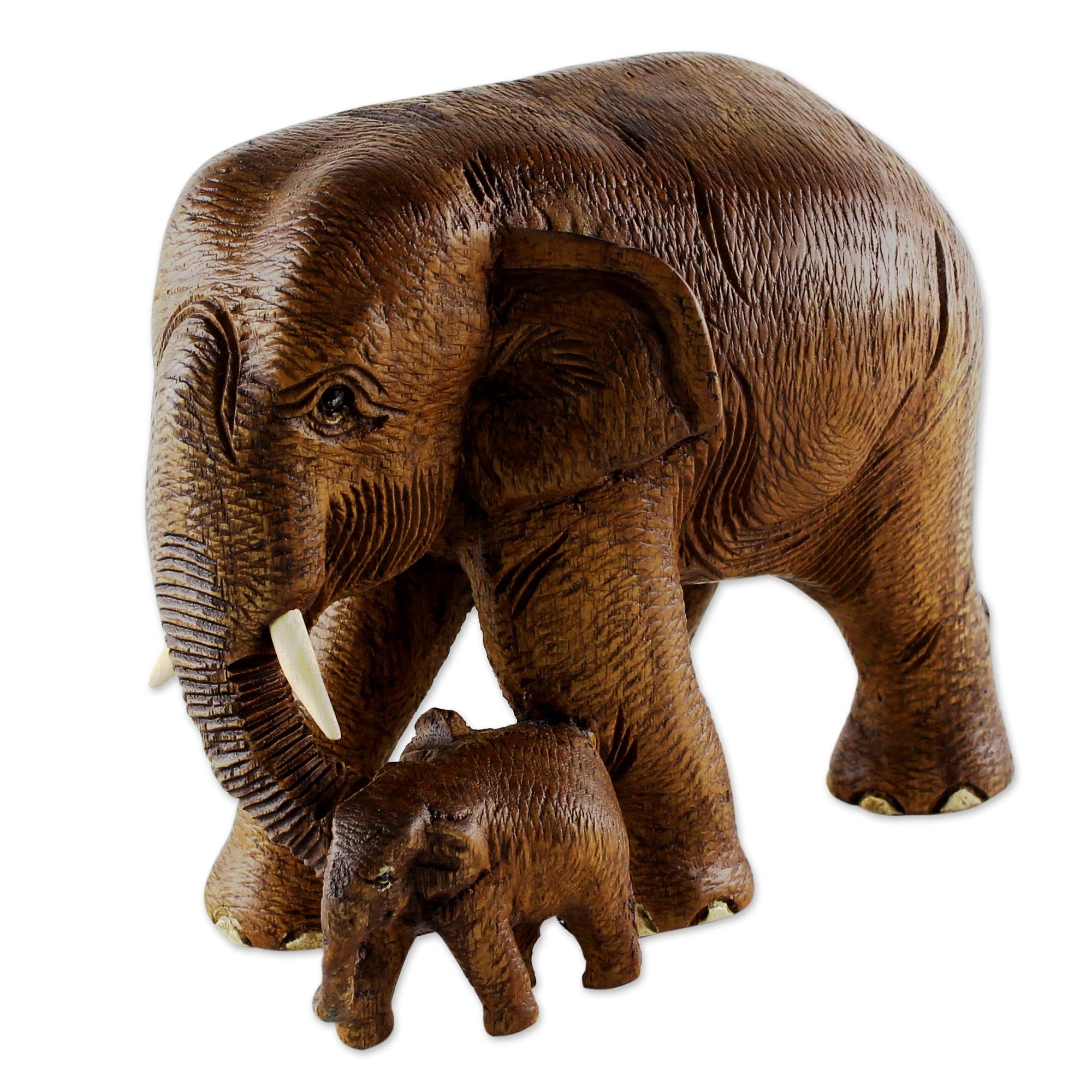 Premium Teak Wood Sculpture: Mother and Child Thai Elephants - Handcrafted in Brown