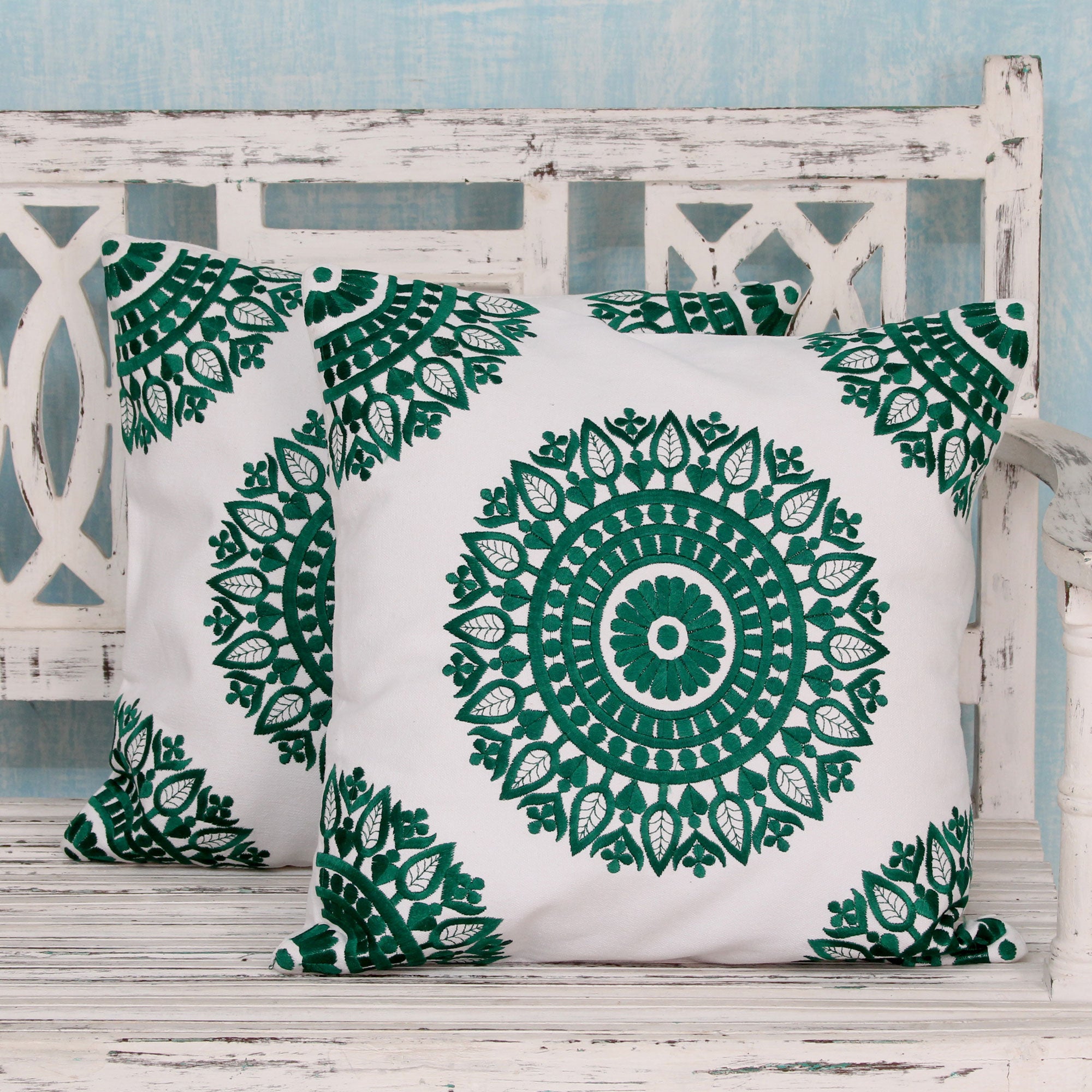 Premium Emerald Bliss Embroidered Cotton Cushion Covers (Pair)