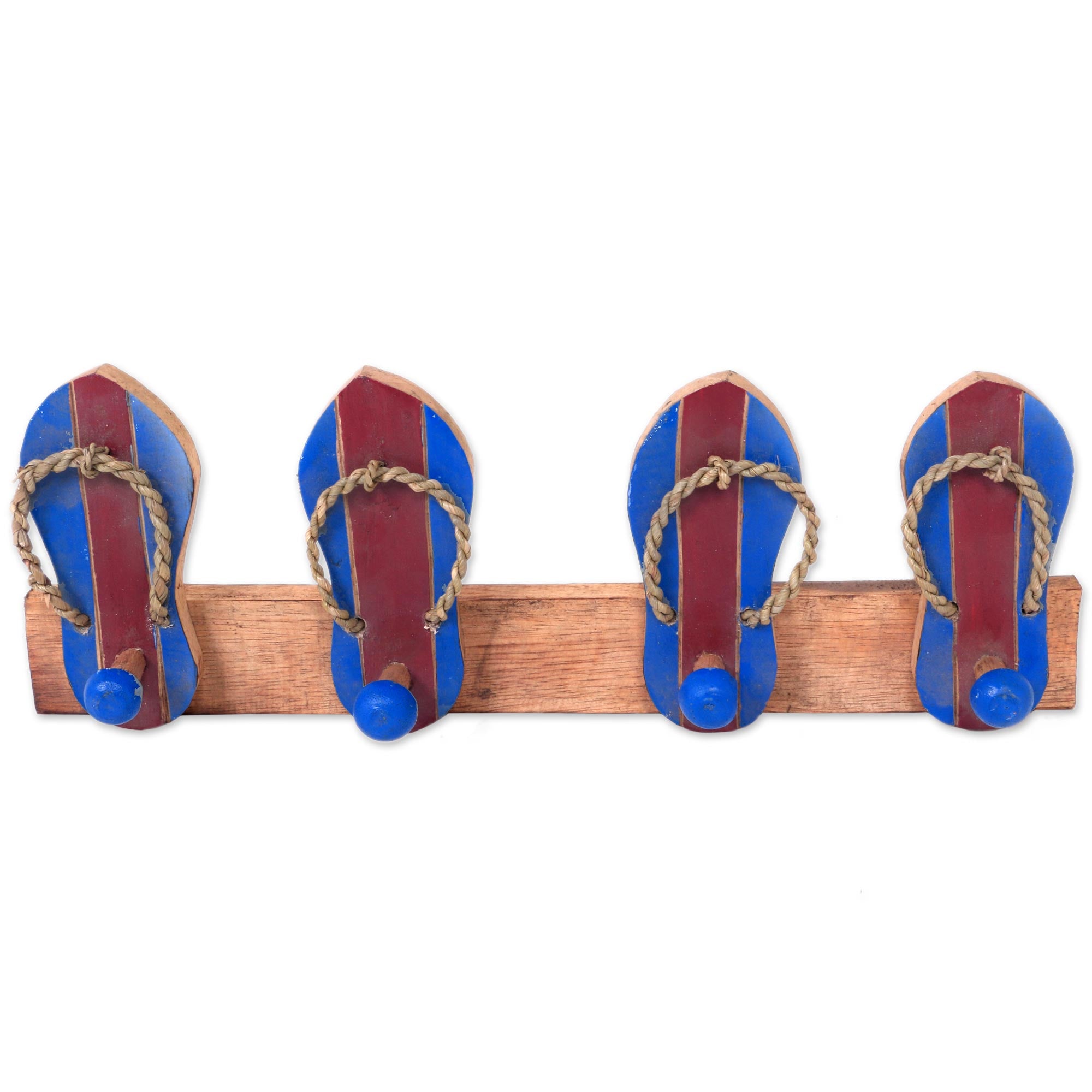 Premium Hand-Carved Wooden Coat Rack with Flip Flop Design – Rustic Maroon & Blue