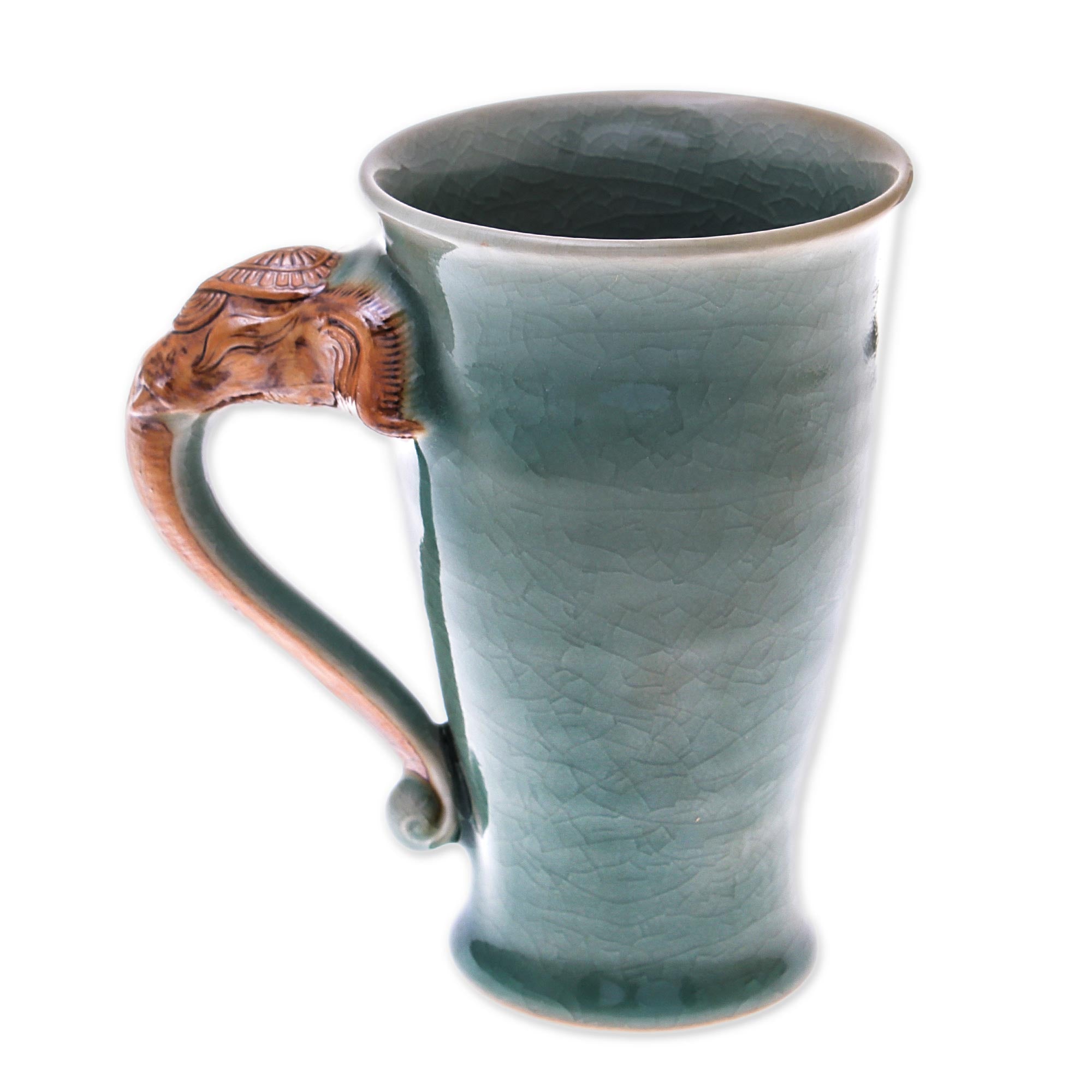 Premium Elephant Ceramic Mug - Green Crackled Celadon with Handcrafted Elephant Handle