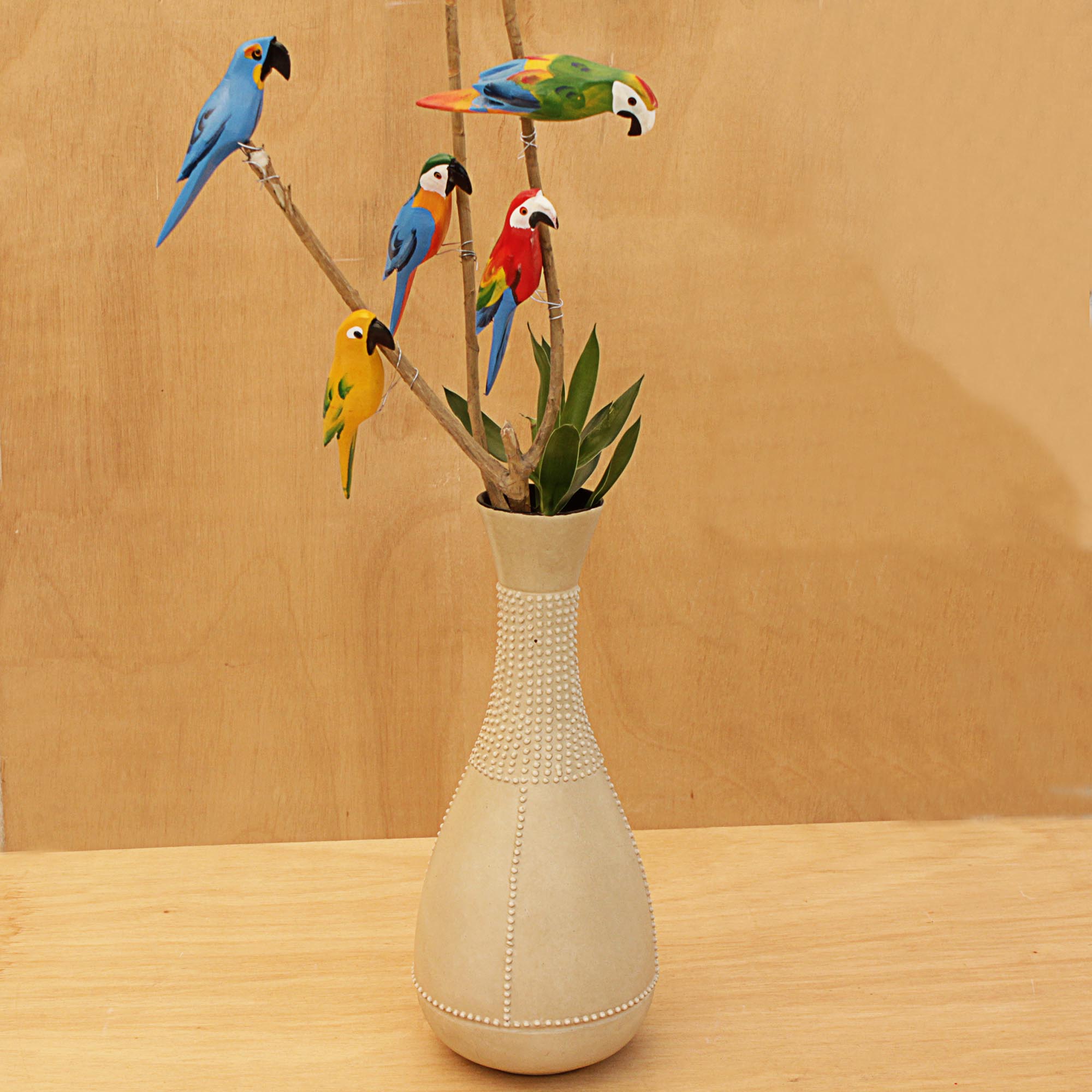 Premium Hand-Carved Wooden Parrot Decor Set of 5 | Brazil-Inspired Home Accents