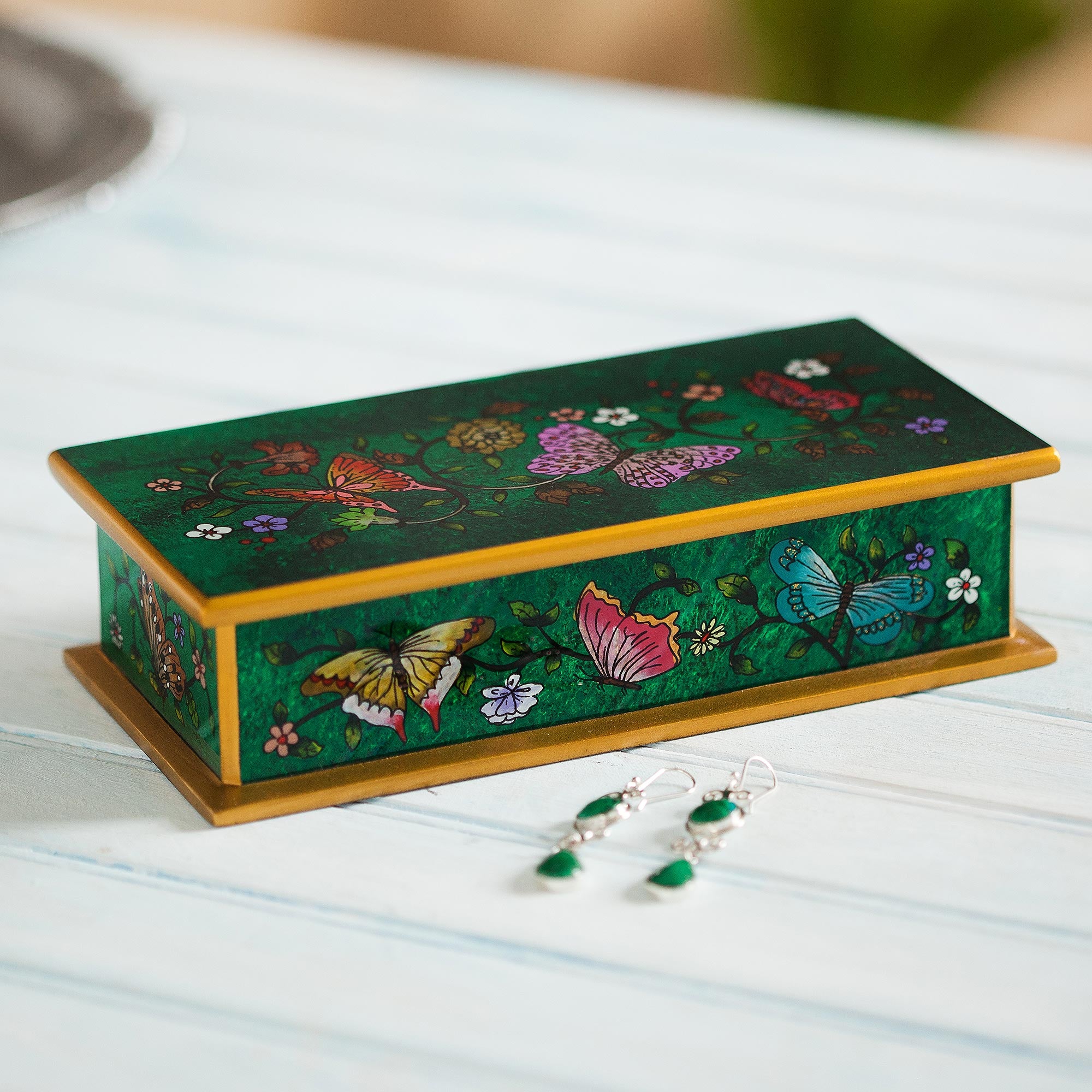 Premium Emerald Glass Jewelry Box with Gold Accents