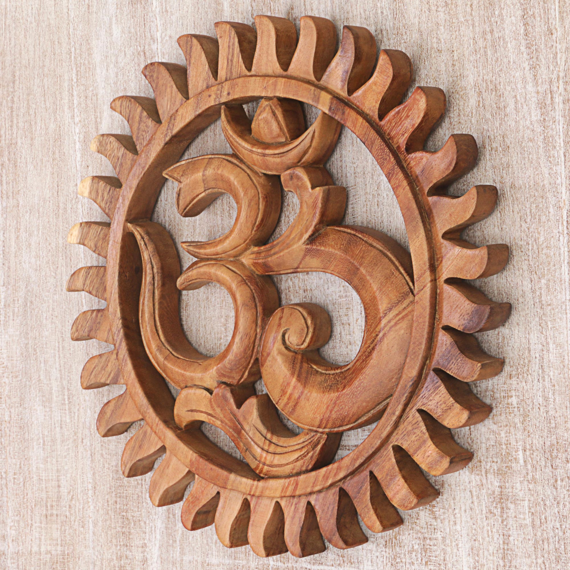 Premium Hand-Carved Om Wood Relief Panel - Indonesian Artisan Craft