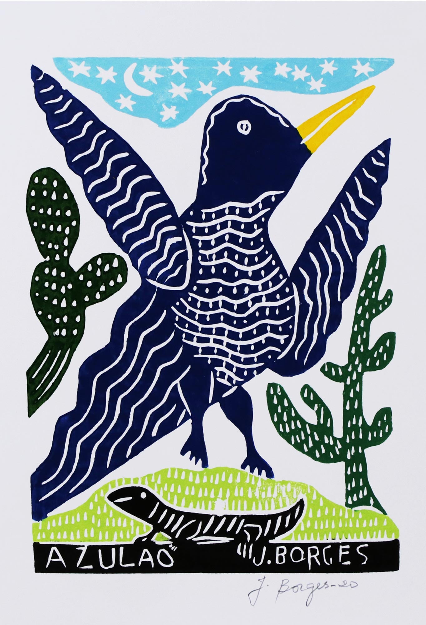 Premium Brazilian Bluebird Woodcut Art Print by J. Borges | Limited Edition