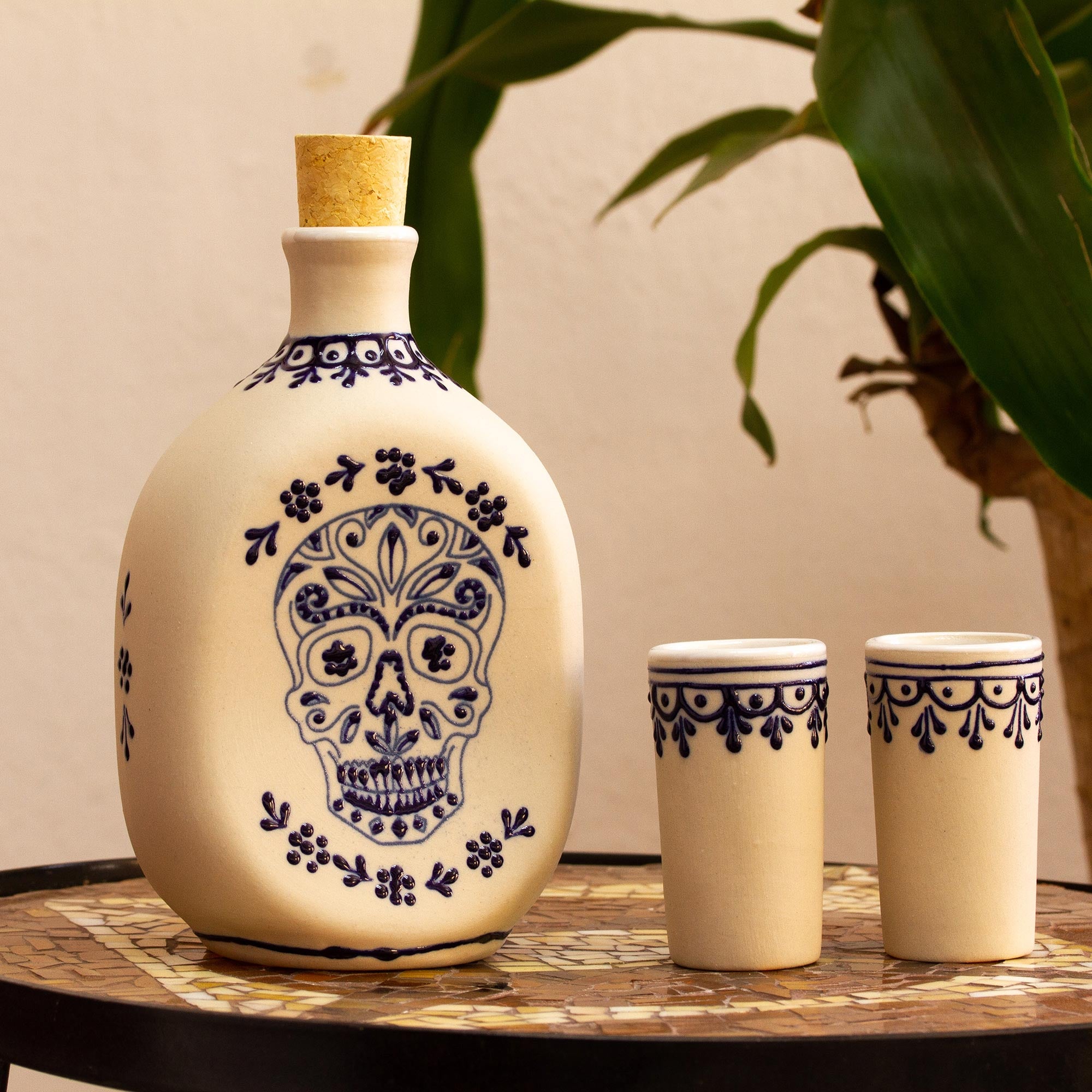 Premium Talavera Style Tequila Decanter Set with Handcrafted Glasses (3-Piece)