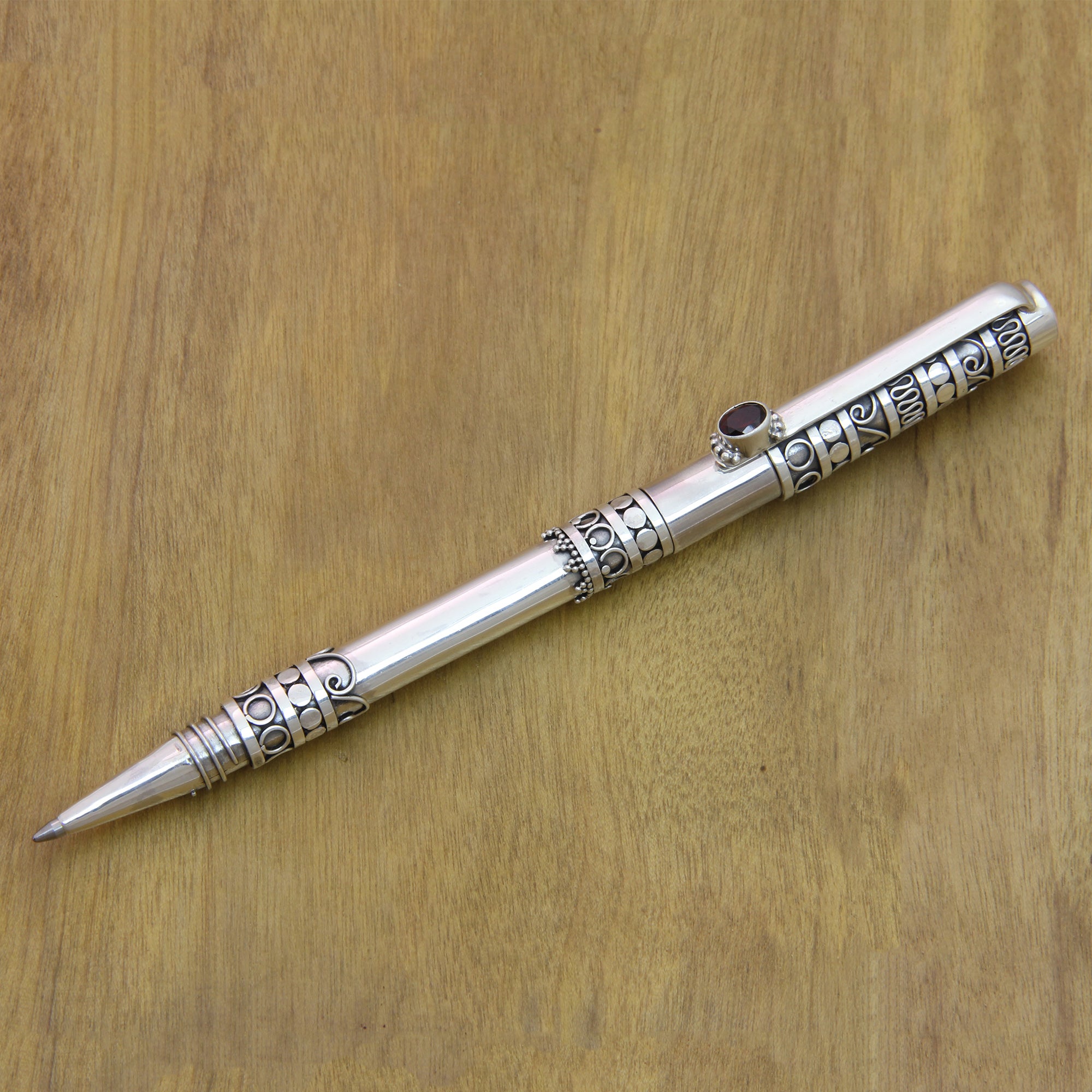 Premium Silver & Garnet Ballpoint Pen - Handmade Elegance