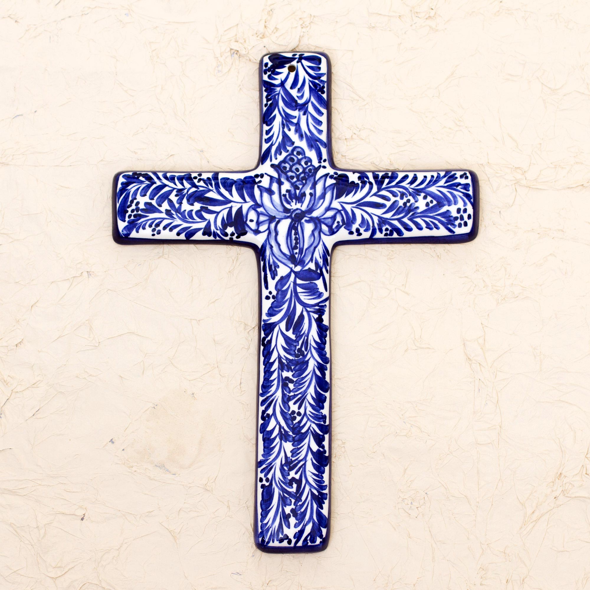 Premium Blue & Ivory Talavera Ceramic Wall Cross - Handcrafted Mexican Art