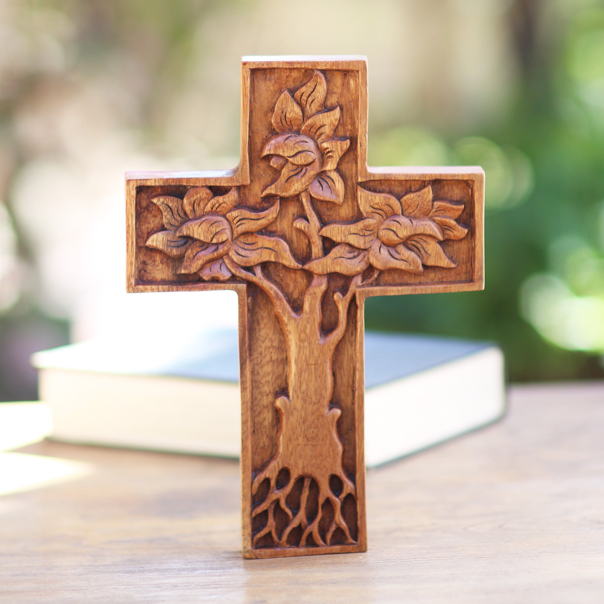 Premium Hand-Carved Mangrove Tree Suar Wood Wall Cross – Bali Artisan Crafted