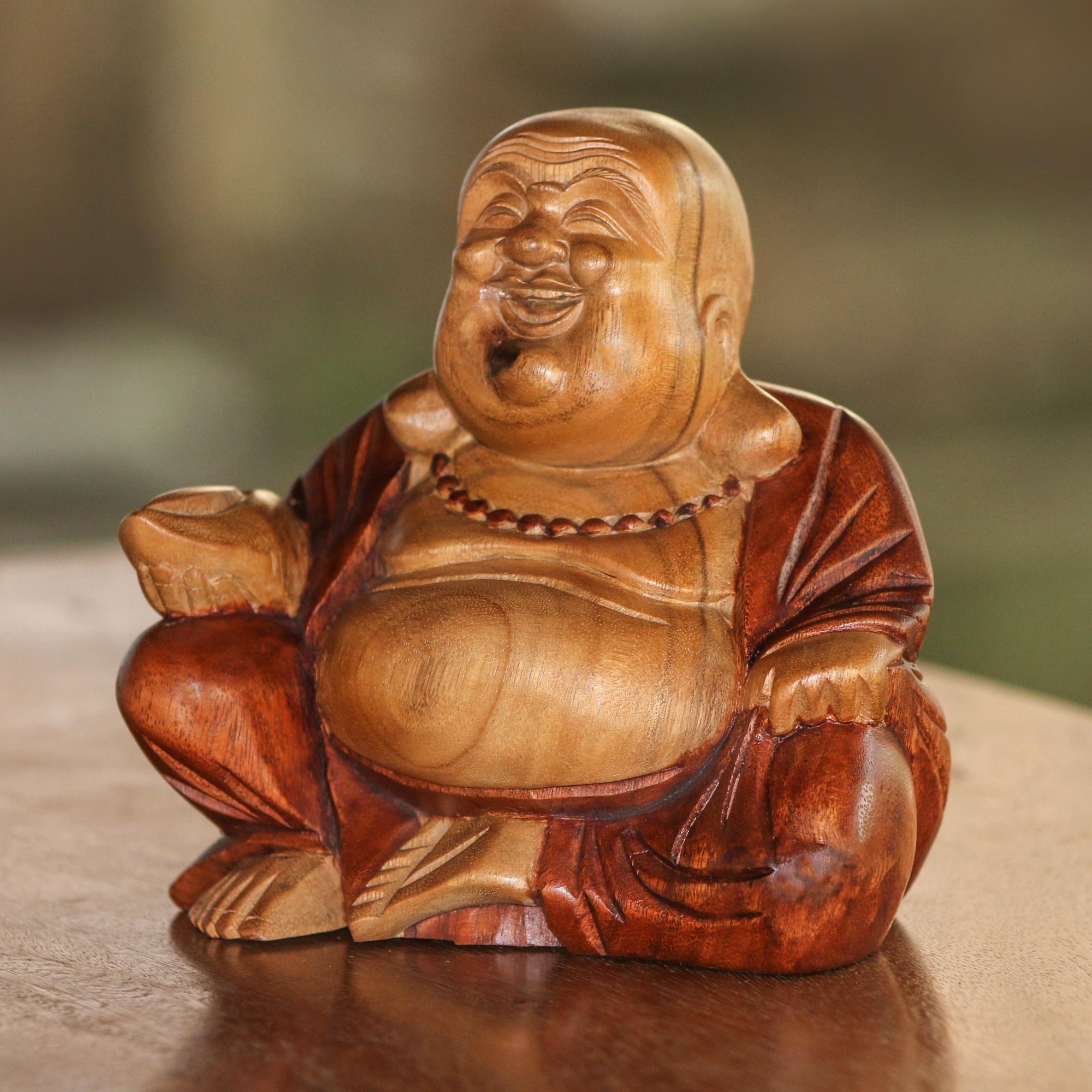 Premium Hand-Carved Acacia Wood Laughing Buddha Statue from Bali